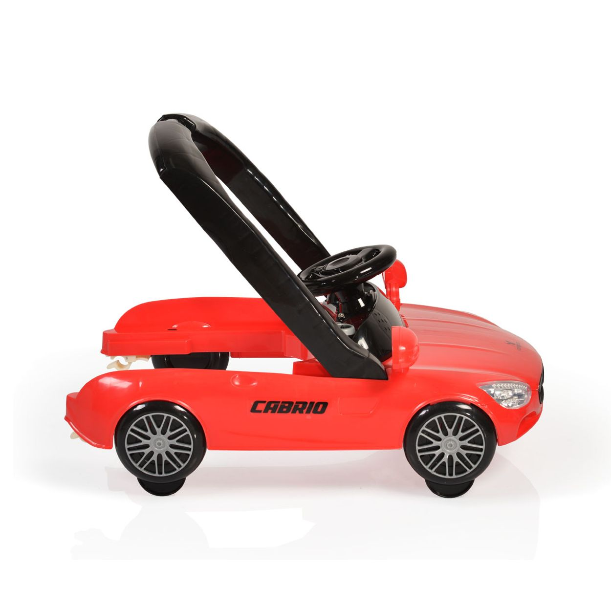 Roter Spielzeugwagen mit schwarzem Lenkrad und Griff.