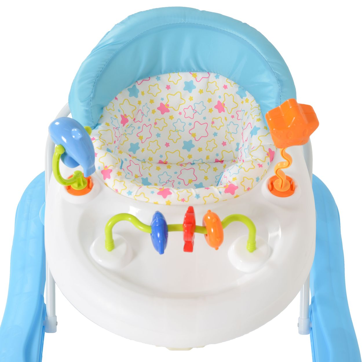 Ein blauer Baby-Gehwagen mit Spielzeug und Sternenmuster-Sitz.