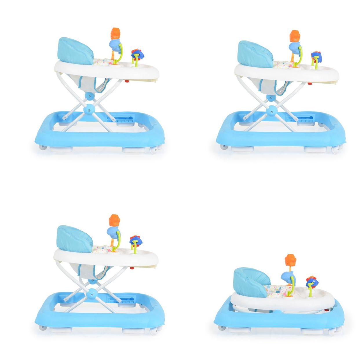 Blauer Baby-Gehwagen mit Spielzeug und Sitz.