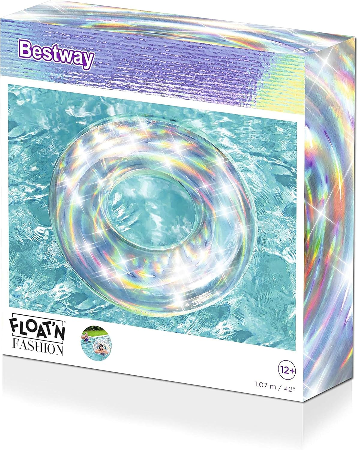 Bestway Schwimmring mit holografischem Glanz auf blauem Wasser.