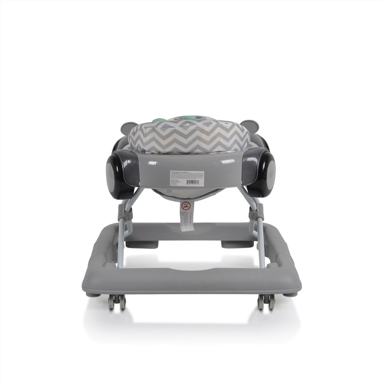 Grauer Baby-Lauflernhilfe mit Chevron-Muster Sitz und schwarzen Rädern.