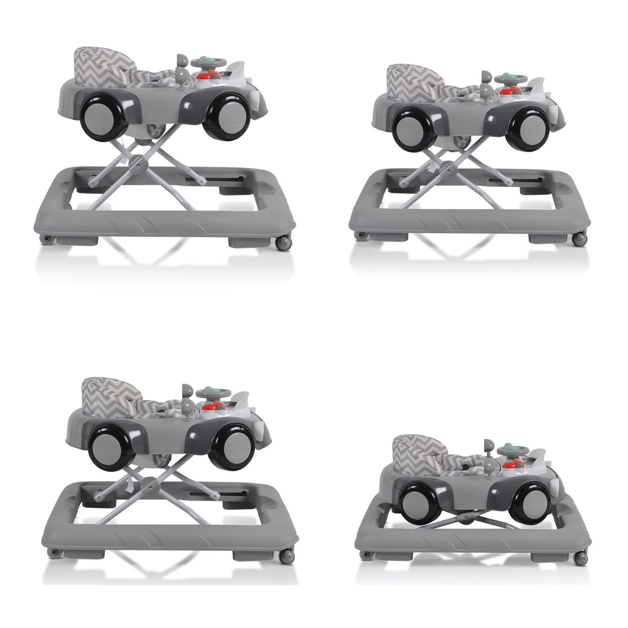 Grauer Baby-Gehwagen in Autoform mit Spielzeuglenkrad und Sitz.