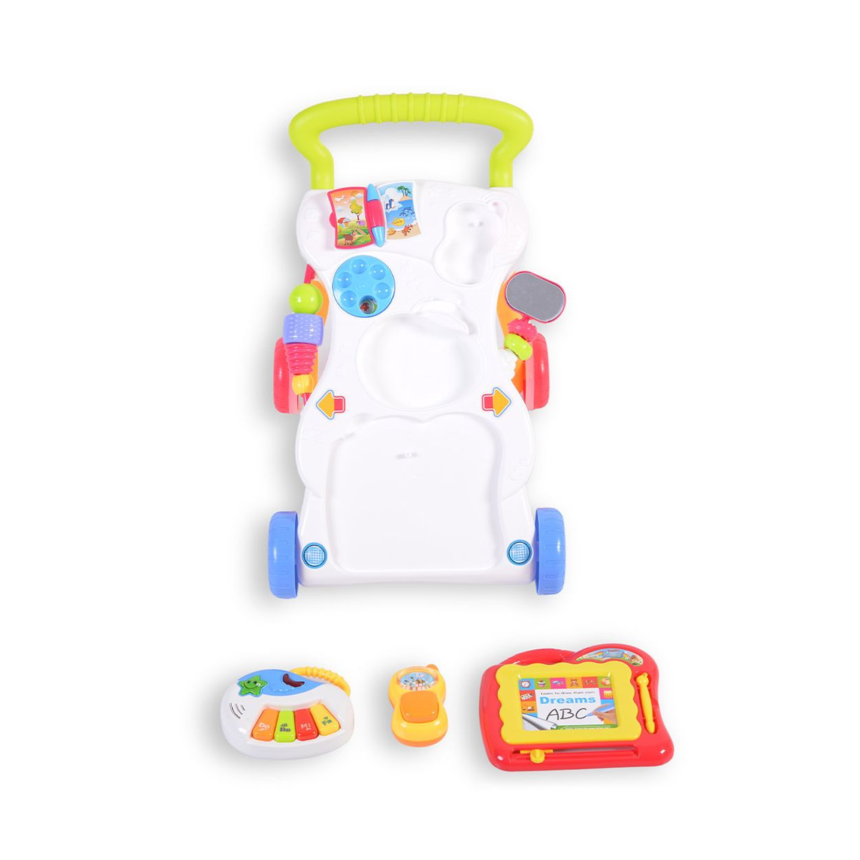 Ein weißer Lauflernwagen mit bunten Spielzeugen und darunter liegenden Lernspielzeugen.