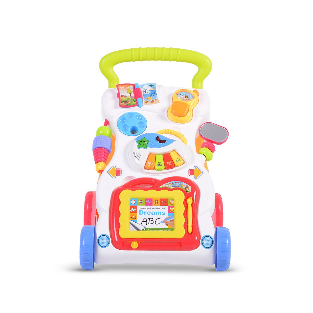 Ein farbenfroher Lauflernwagen mit vielen Lernspielzeugen und Tasten.