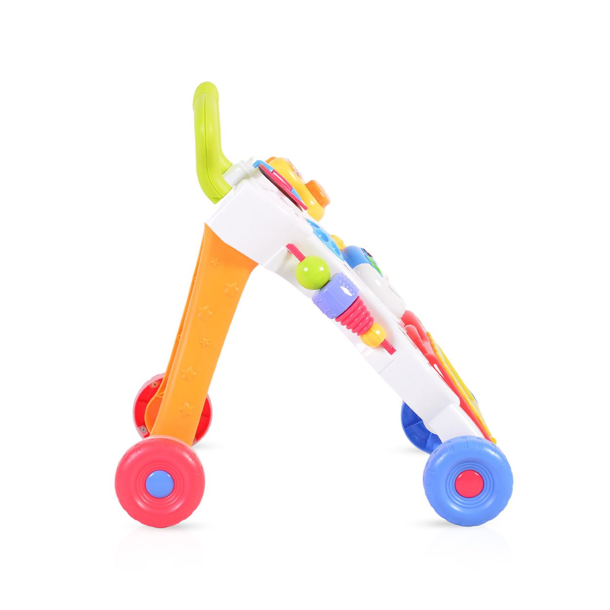 Ein bunter Lauflernwagen mit Rädern, Griff und Spielzeug.