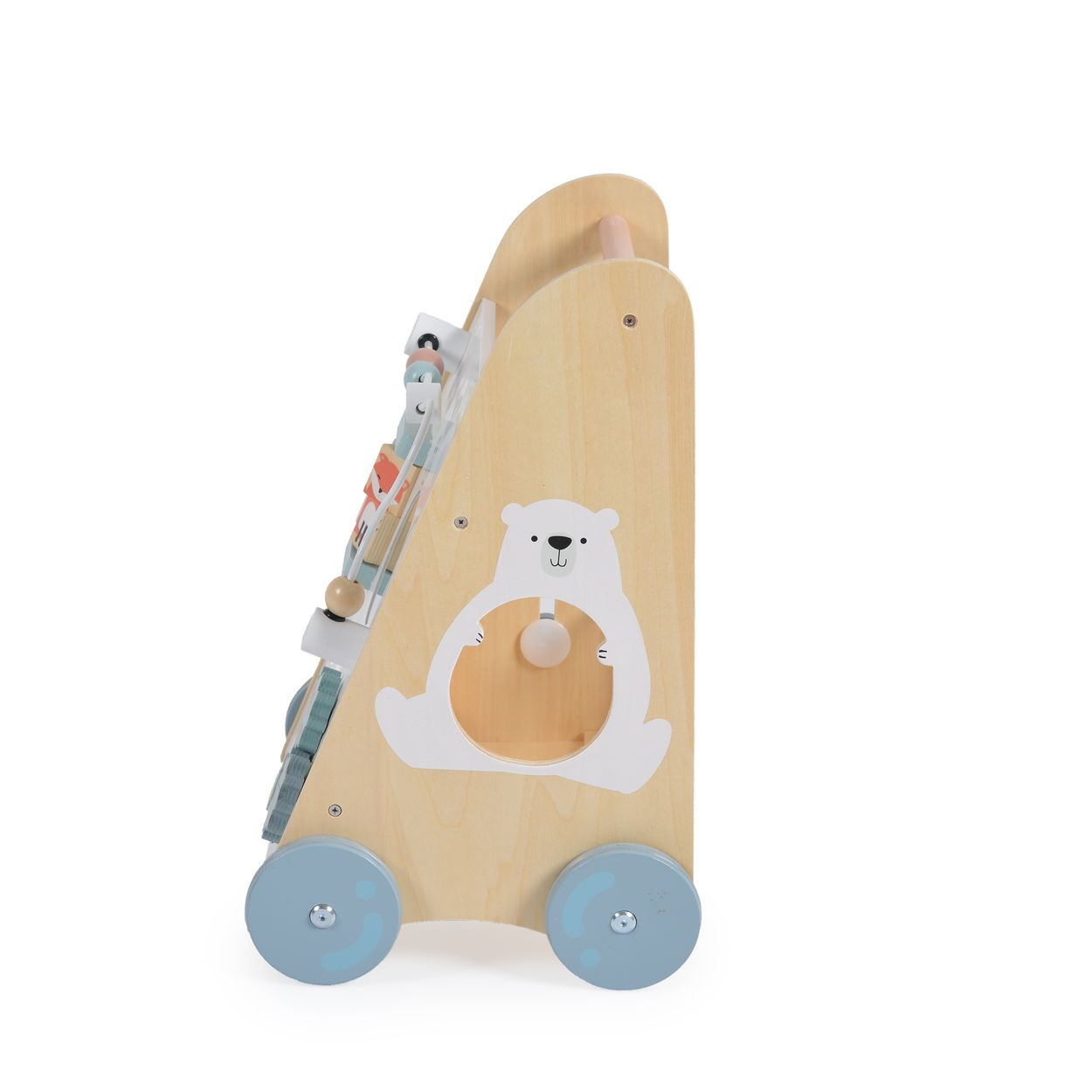 Holz-Lauflernwagen mit Eisbär-Design und bunten Blöcken.