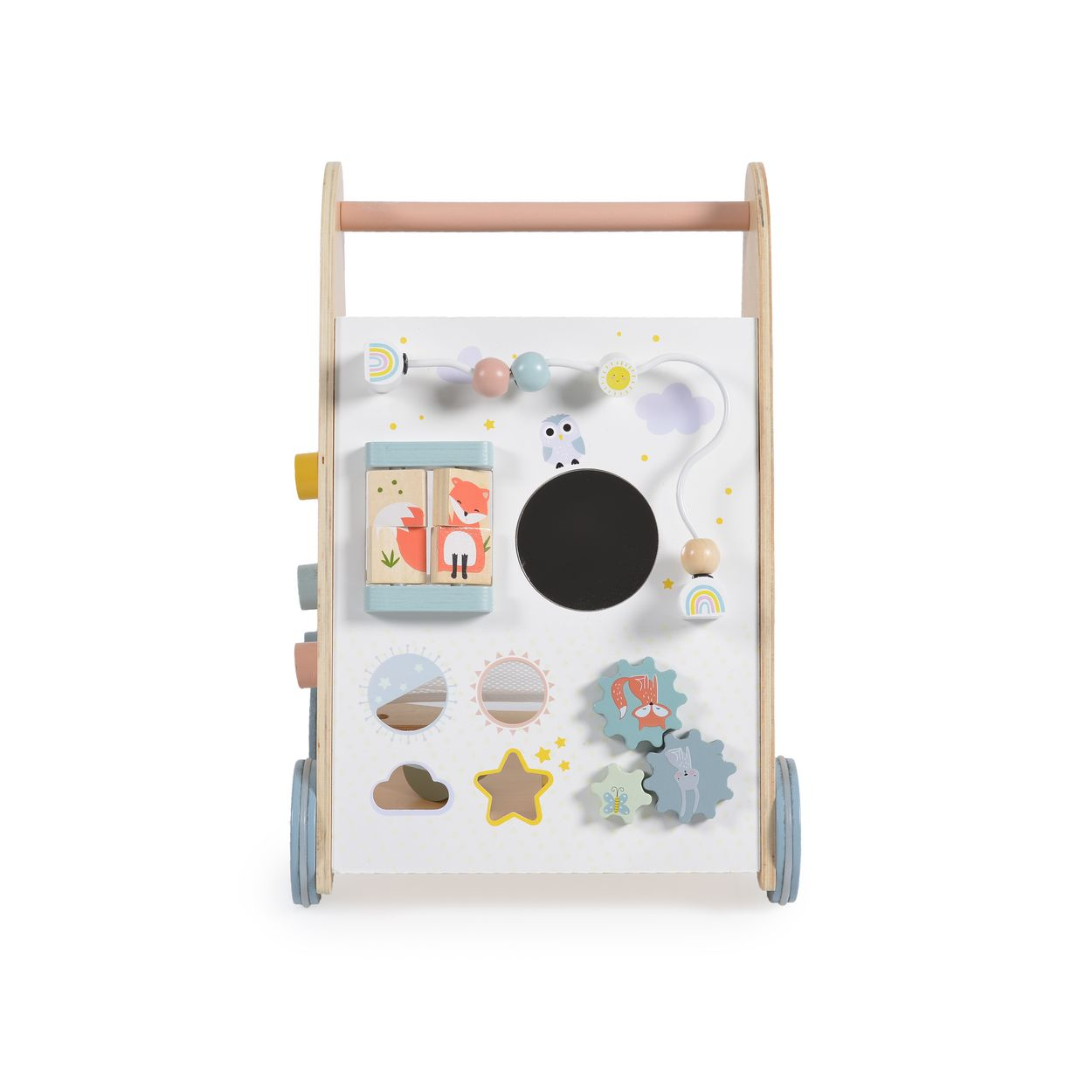 Ein bunter Spielzeug-Lauflernwagen mit Waldtiermotiven, Zahnrädern und einer Spiegelplatte.