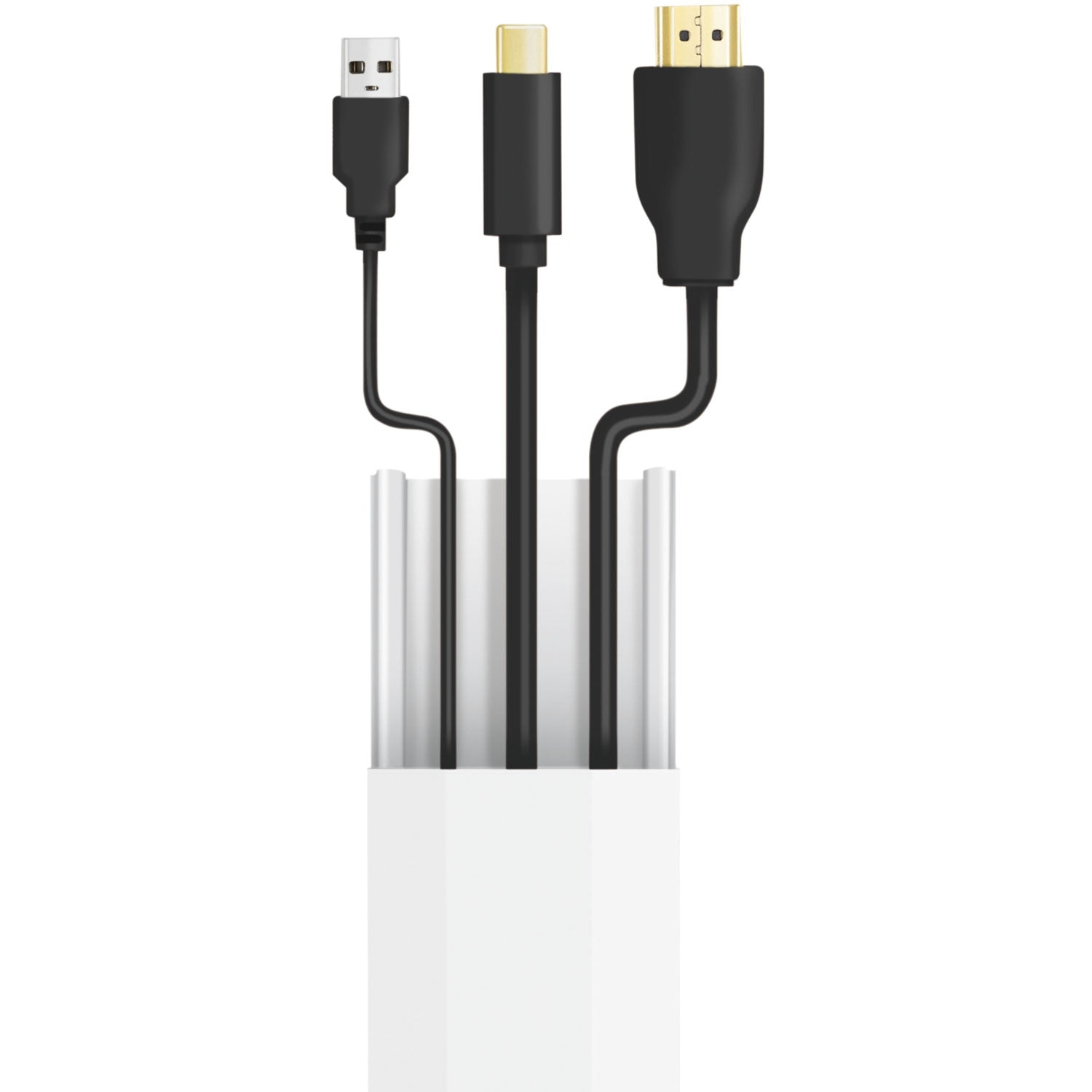 Tres cables negros, USB-A, USB-C y HDMI, salen de una carcasa blanca.