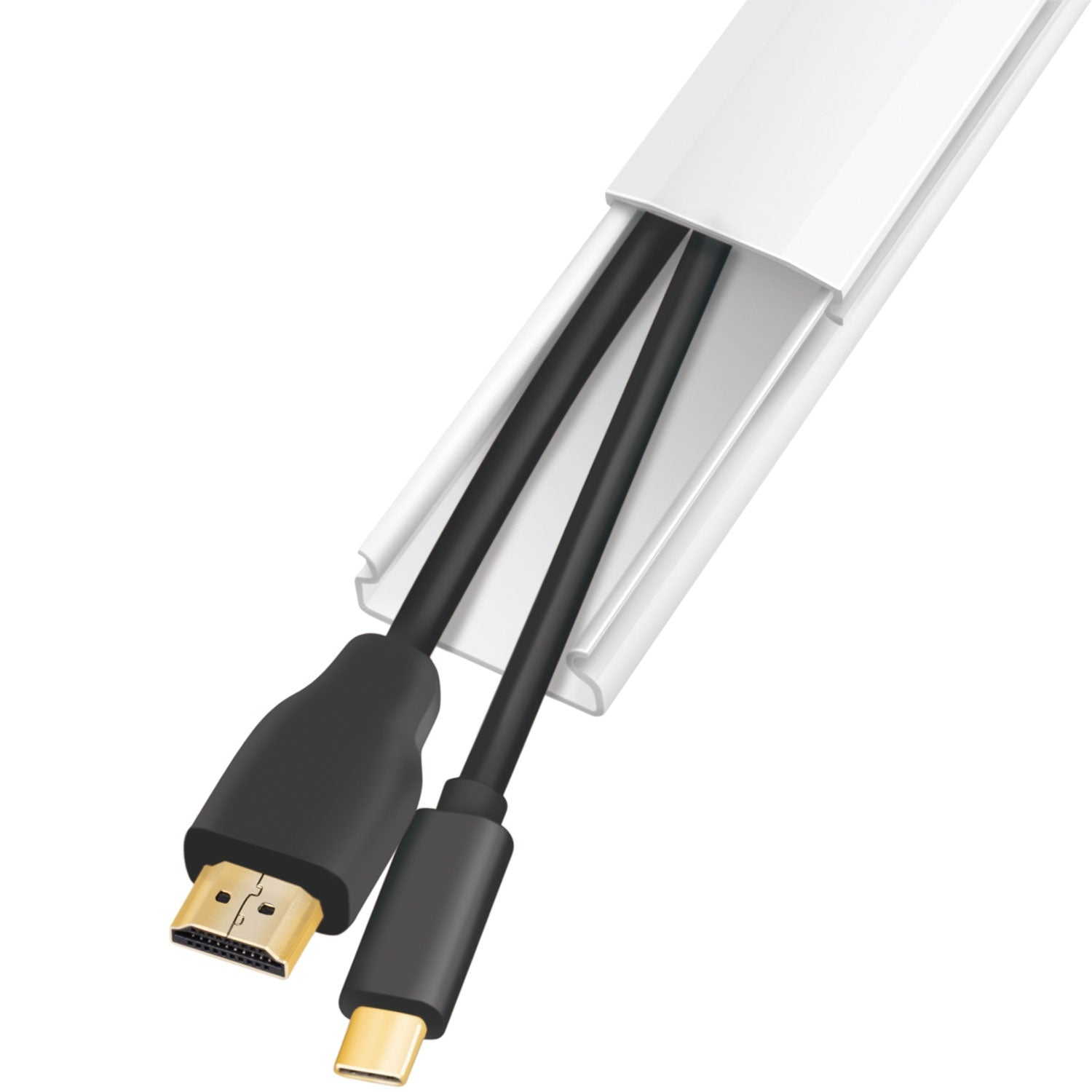 Un organizador de cables blanco con dos cables negros, conectores HDMI y USB-C.