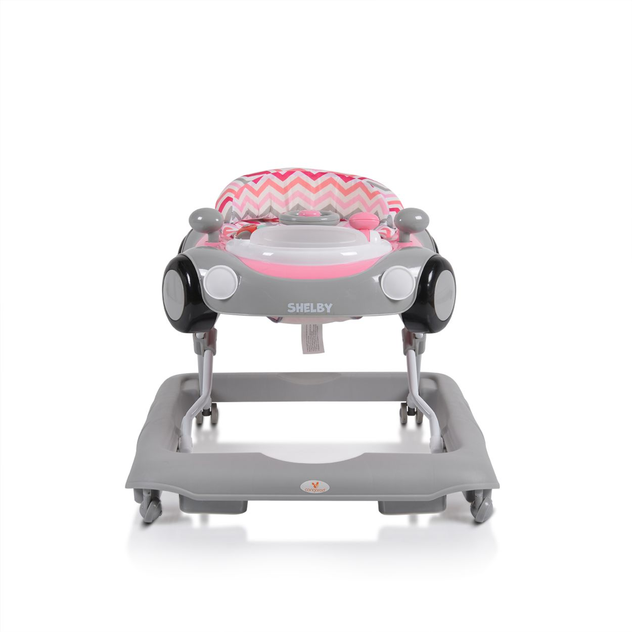 Ein grauer Baby-Gehfrei in Autoform mit rosa und pinken Akzenten. Der Sitz hat ein Zickzackmuster.