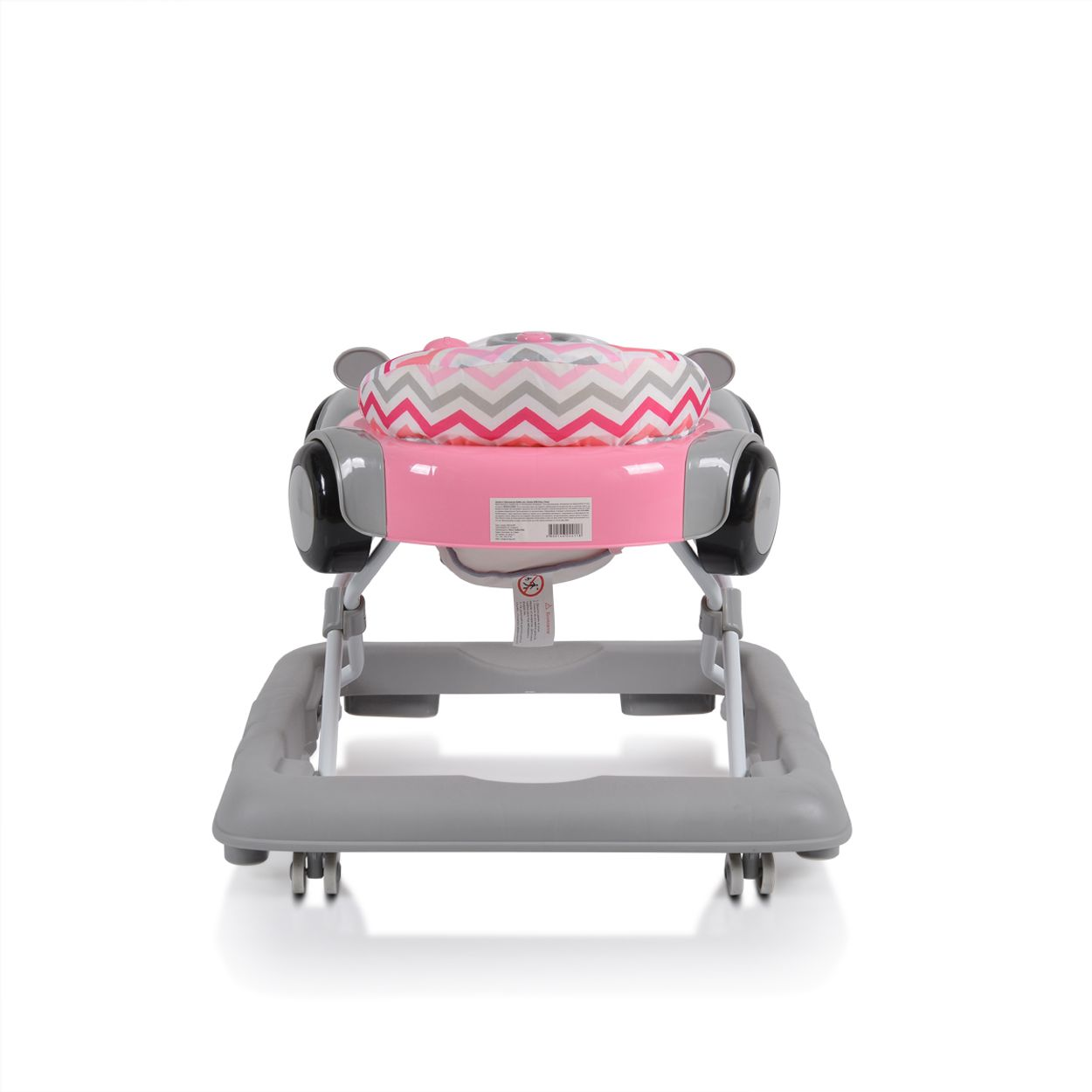 Ein pinker Baby-Walker mit grauen Rädern und einem Zickzackmuster.