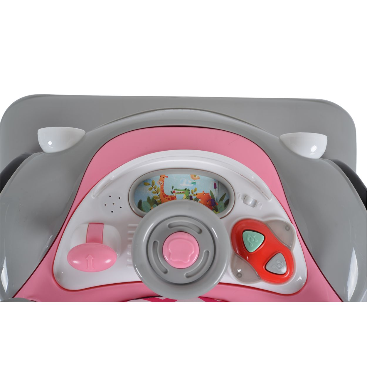 Ein rosa und graues Spielzeugauto-Armaturenbrett mit einem Lenkrad, Knöpfen und einem Bildschirm.