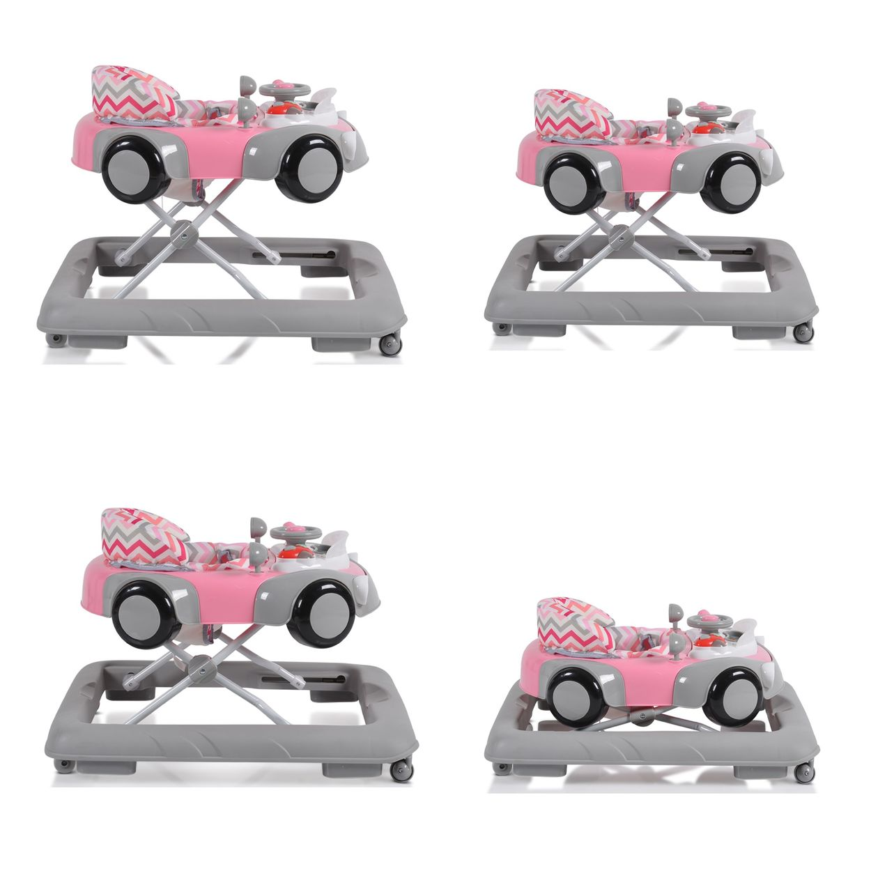 Ein rosa Baby-Gehwagen mit grauem Rahmen und einem Zickzackmuster.