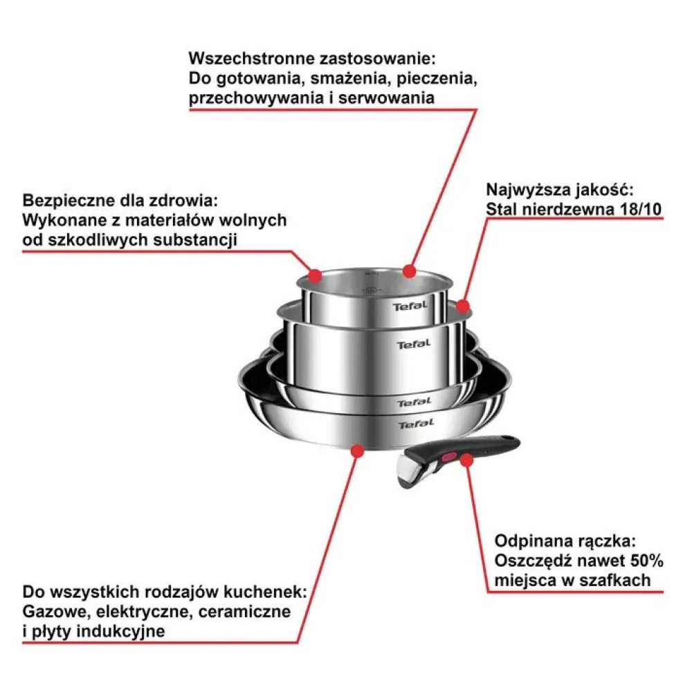 Stojące garnki i patelnie ze stali nierdzewnej z odpinaną rączką. Wysoka jakość.
