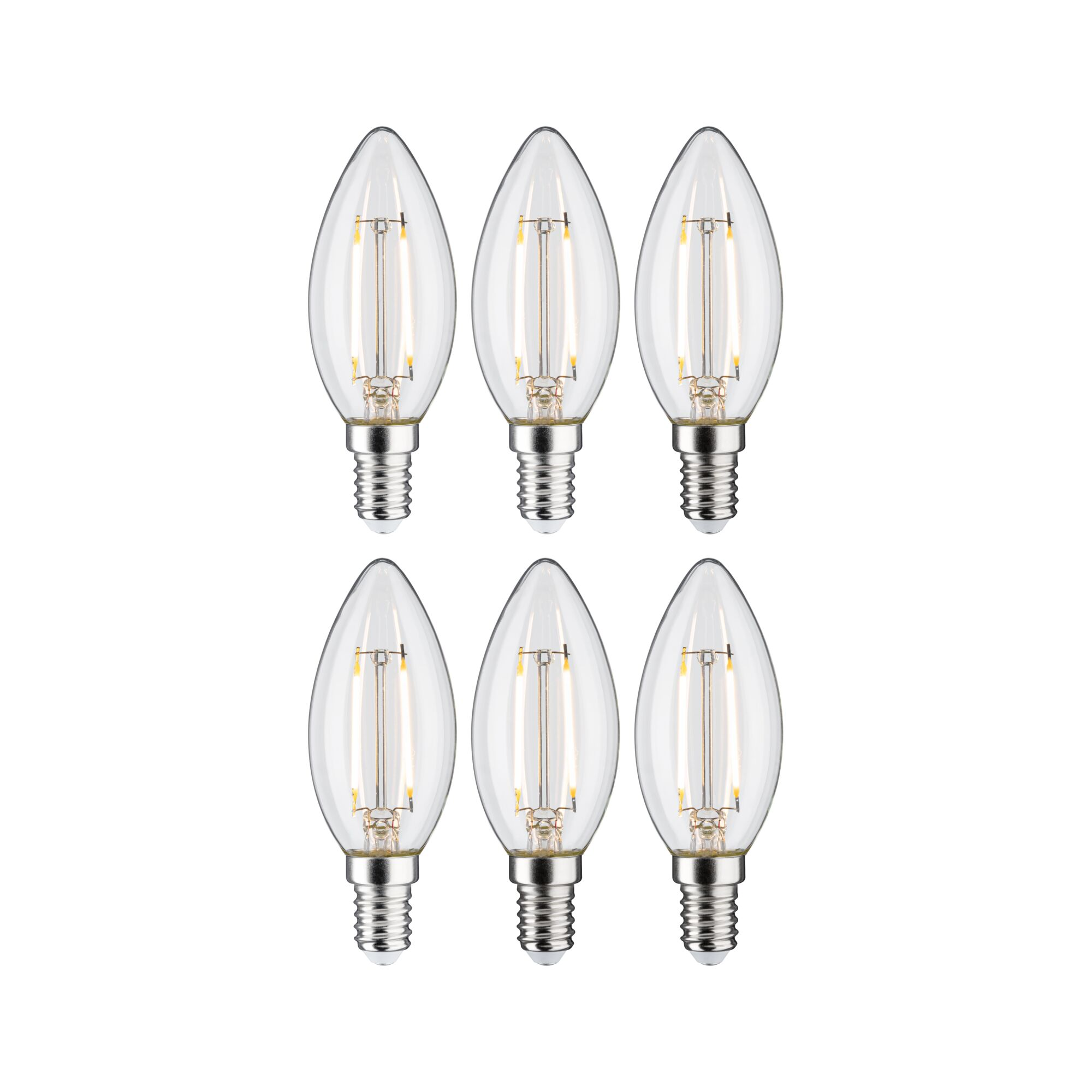 Sześć przezroczystych żarówek świecowych z gwintem E14, z diodami LED filament.