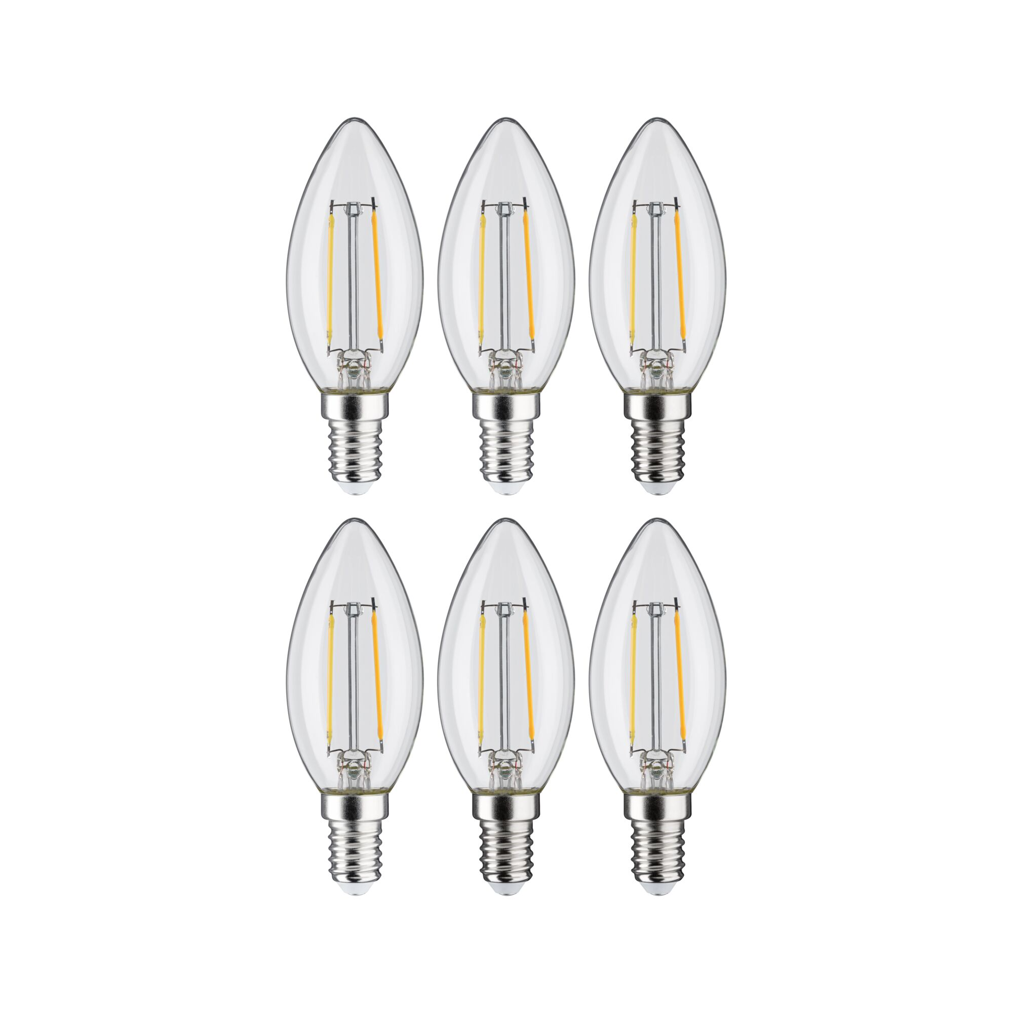Sześć przezroczystych żarówek świecowych ze srebrnymi gwintami i żółtymi żarnikami.