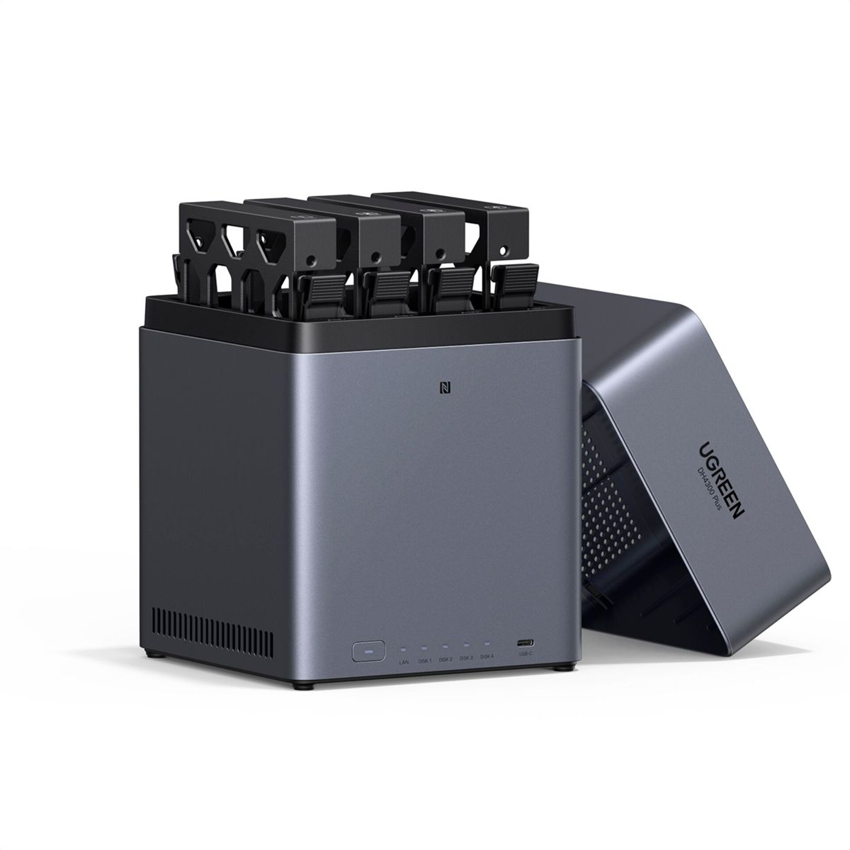 Szara stacja dokująca dysków twardych z czterema zatokami i czterema zainstalowanymi dyskami.