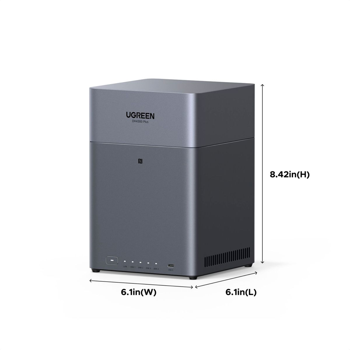 Szare urządzenie UGREEN DH4300 Plus z logo N i portami. Wymiary pokazane.