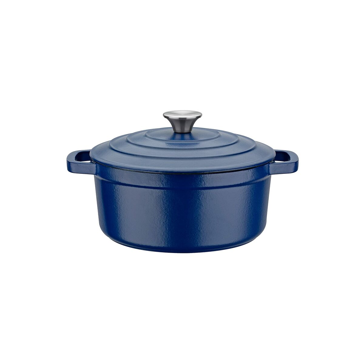 Eine blaue Gusseisen-Suppentopf mit Deckel und silbernem Griff.