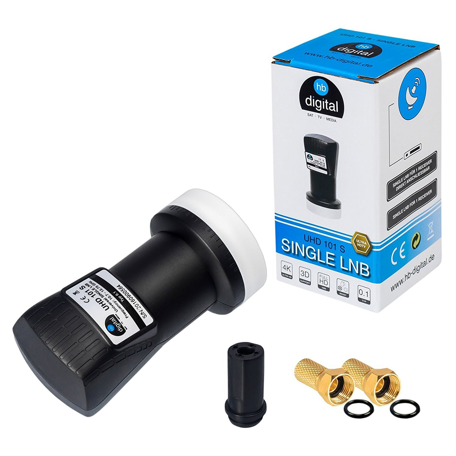 Ein LNB, eine schwarze Kappe und zwei goldene Stecker mit Ringen auf weißem Hintergrund.