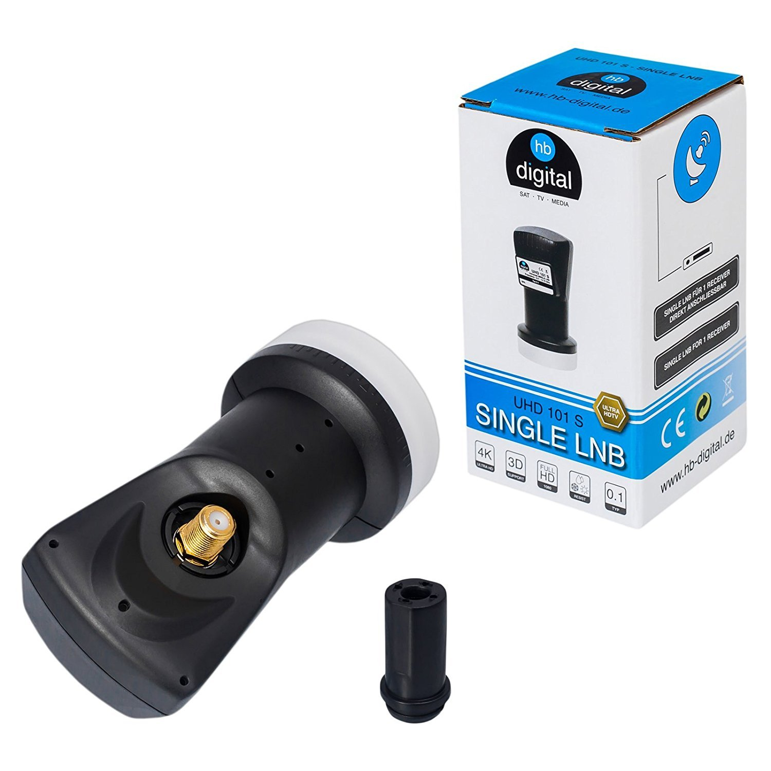 Ein schwarzer LNB mit goldenem Anschluss und eine Produktverpackung daneben.