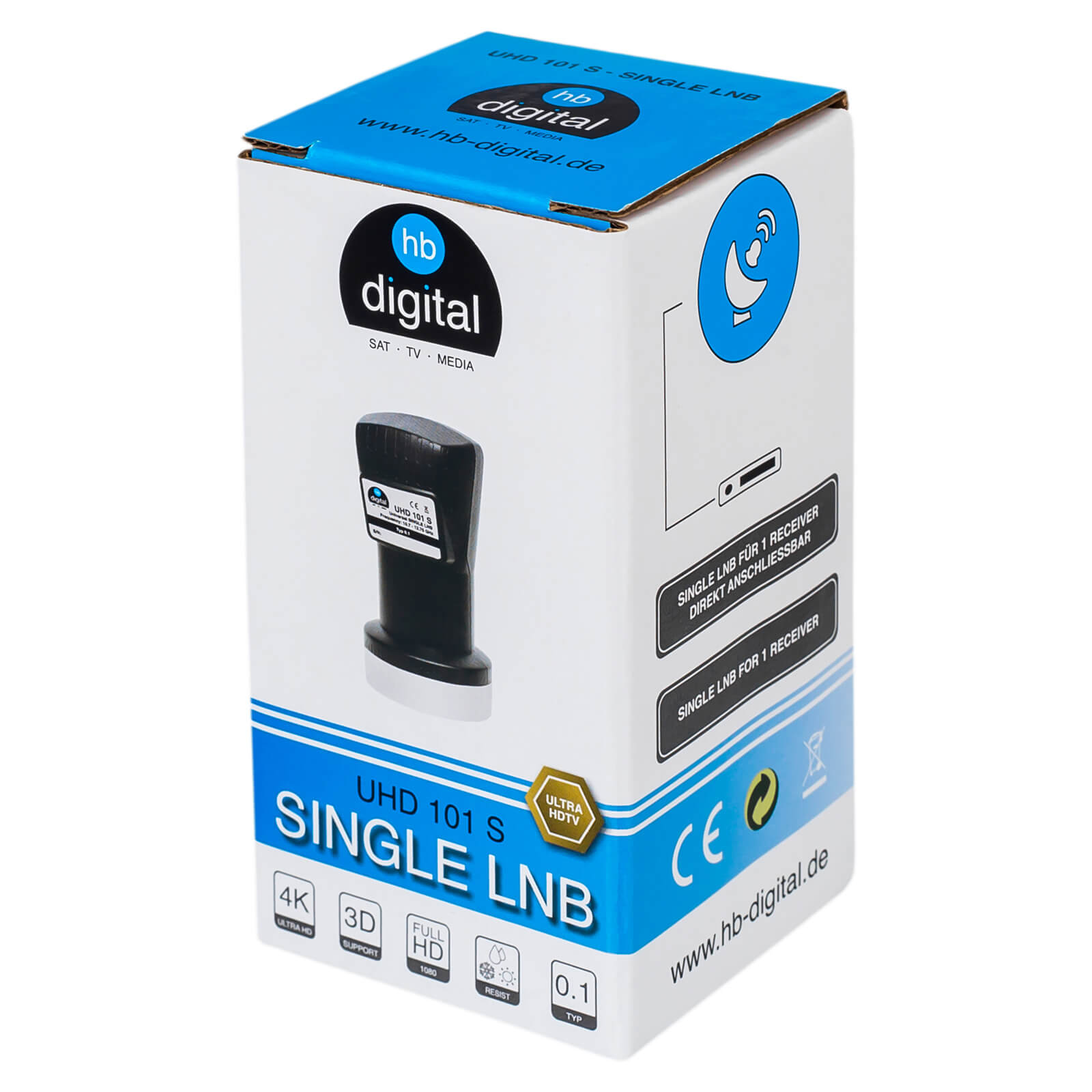 Verpackung für einen Single LNB von HB Digital, mit Produktbild und Spezifikationen.