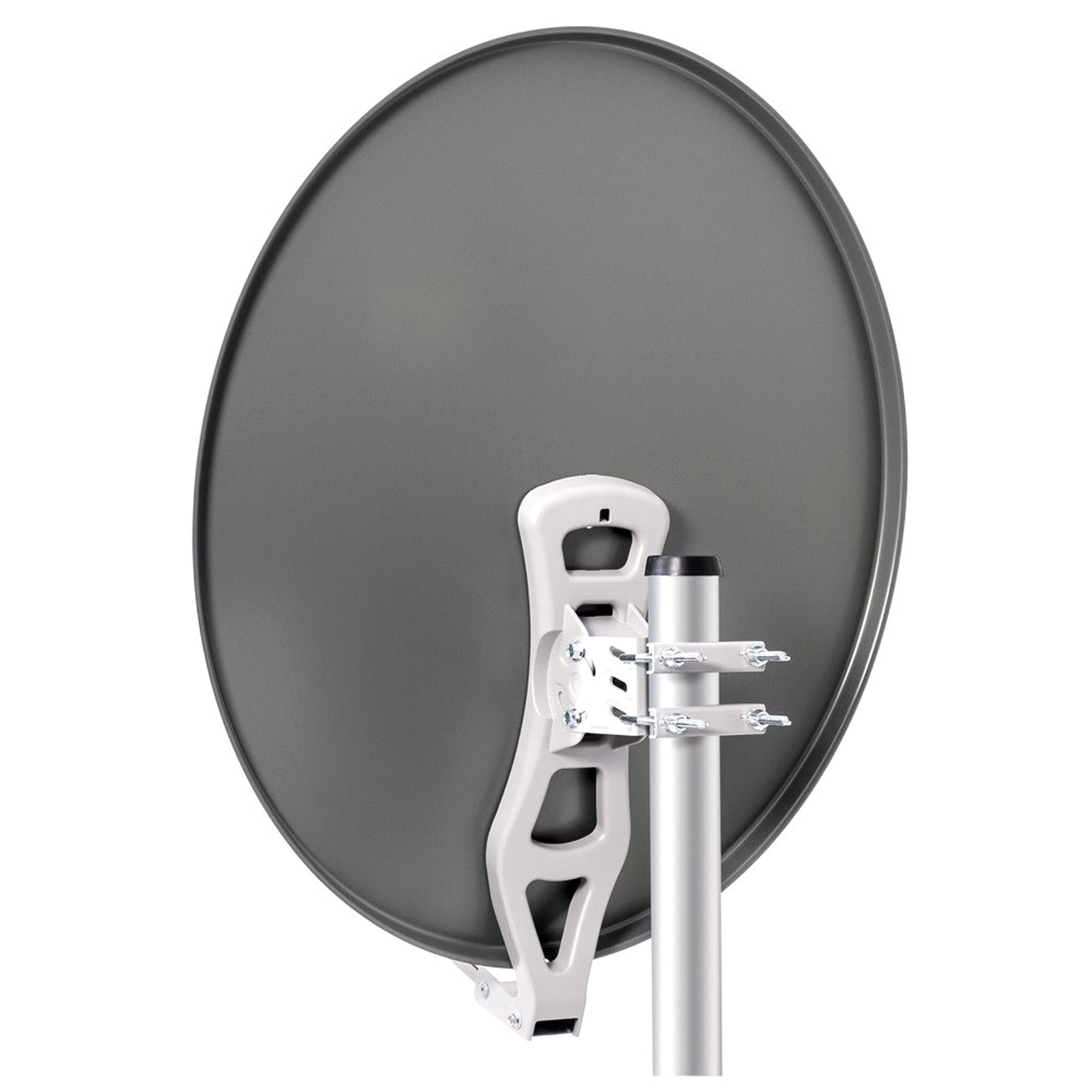 Grauer Satellitenteller mit weißer Halterung an einem silbernen Mast.