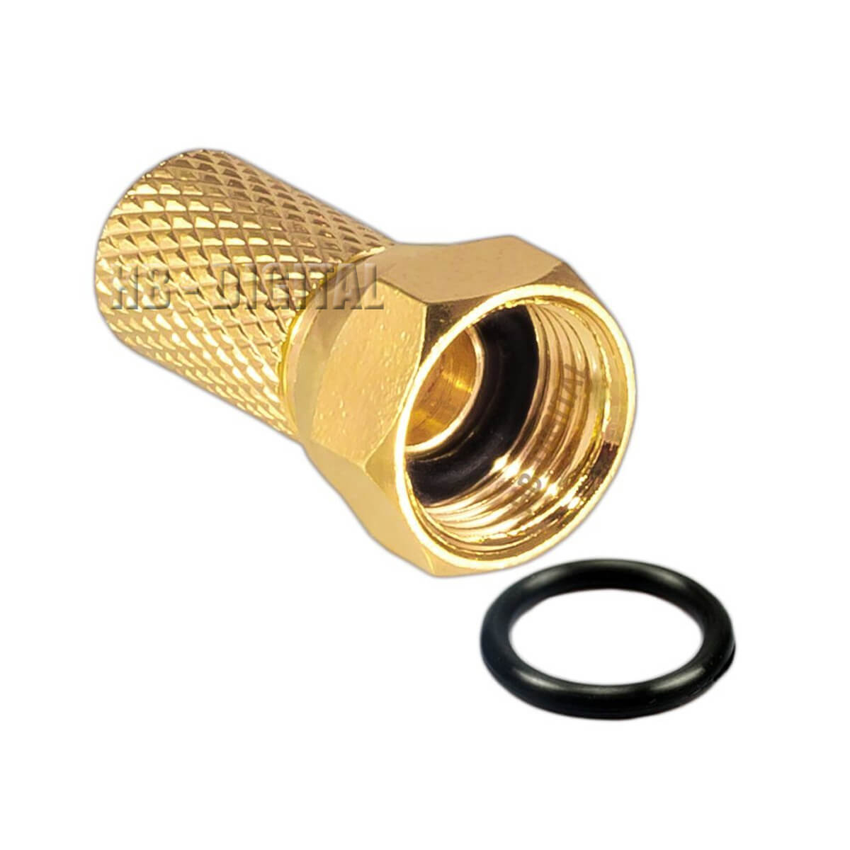Goldener Koaxialstecker mit Rändelung und schwarzem O-Ring daneben.
