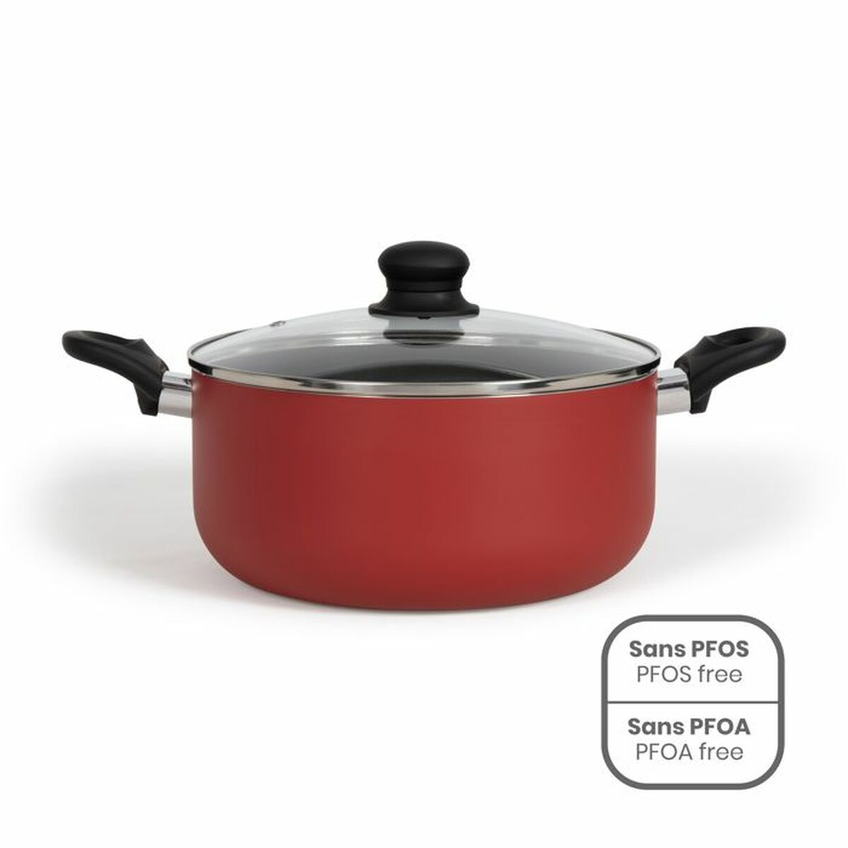 Olla roja con tapa de cristal y asas negras. Incluye etiquetas.
