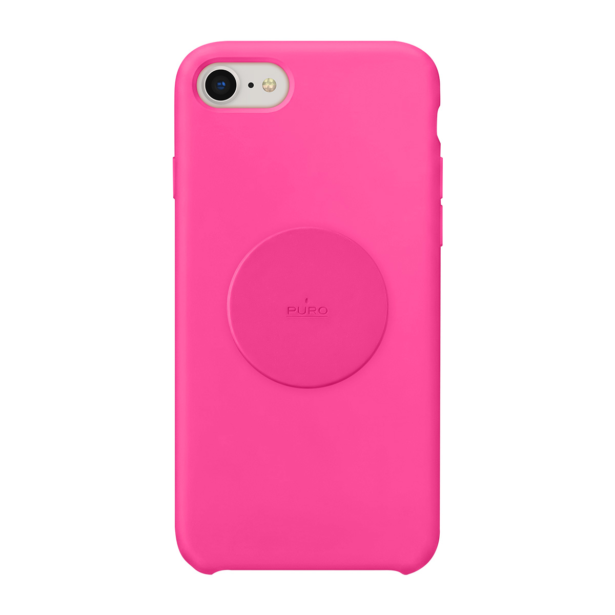 Una cover per telefono rosa acceso con un supporto rotondo e logo Puro.