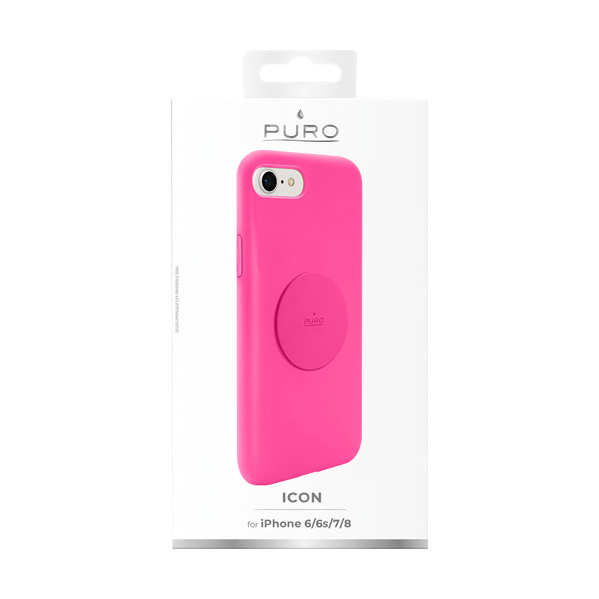 Una cover rosa per iPhone con logo PURO rotondo sul retro.