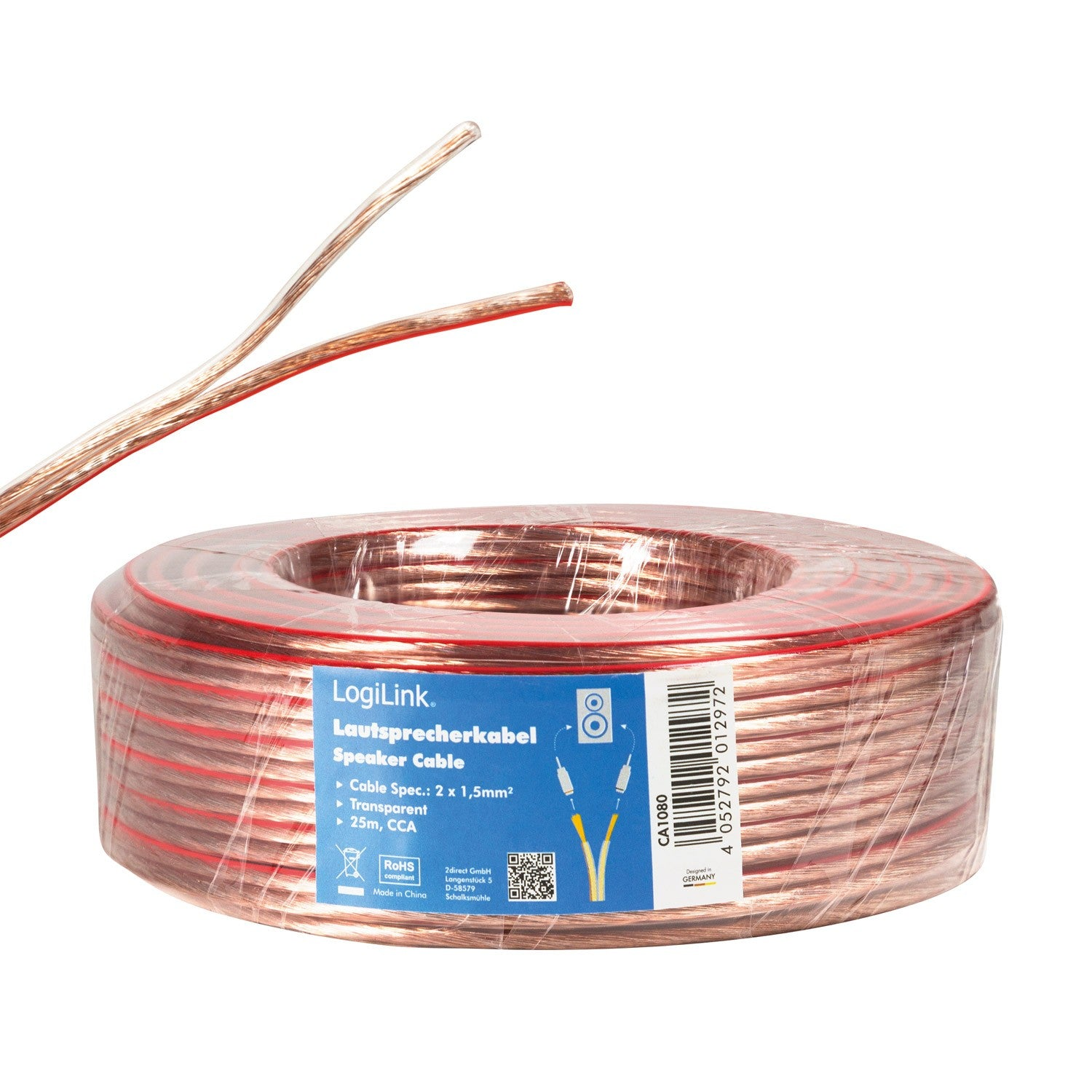 Un rollo de cable de altavoz transparente con borde rojo, 25m CCA.