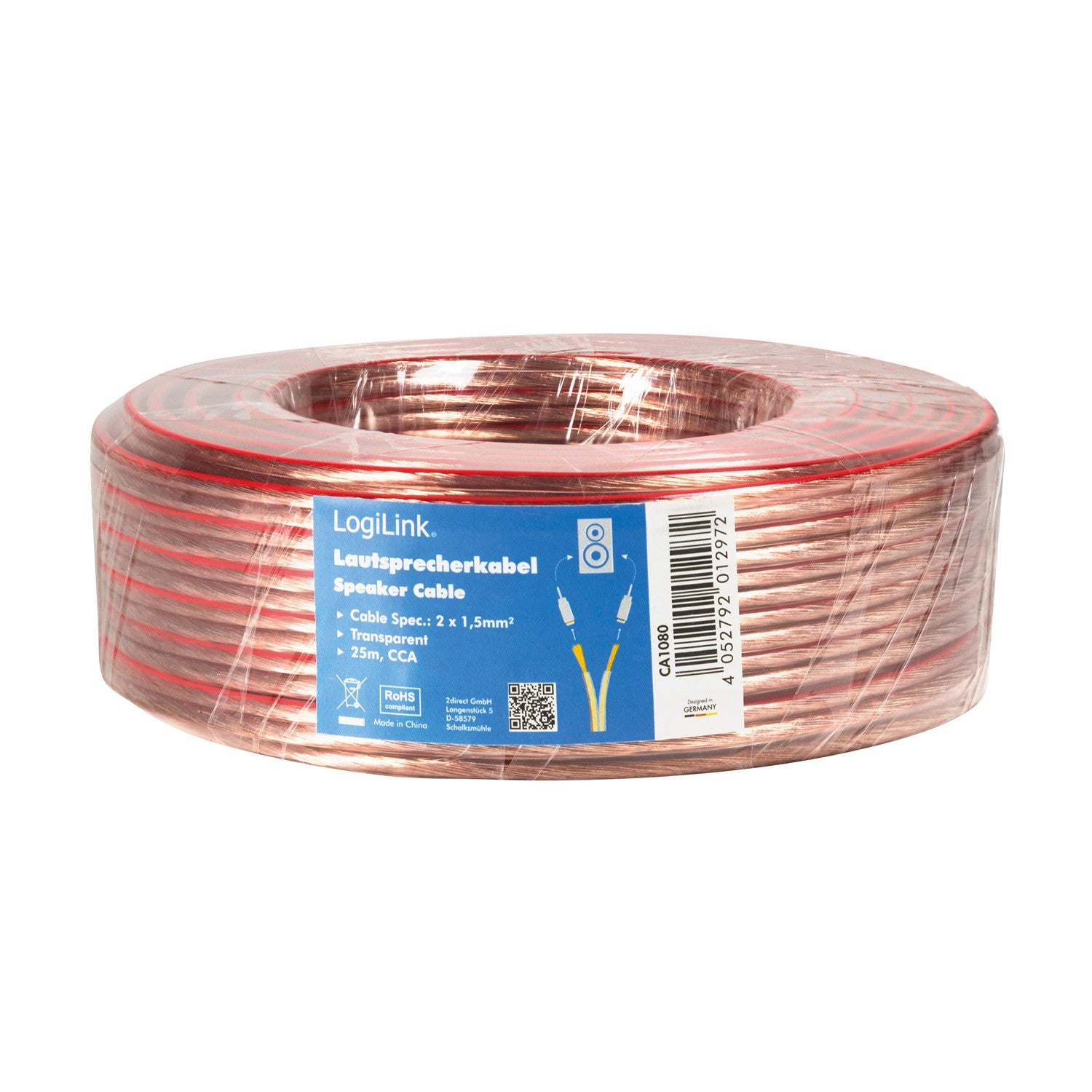 Un rollo de cable de altavoz transparente con rayas rojas, 25m, CCA.