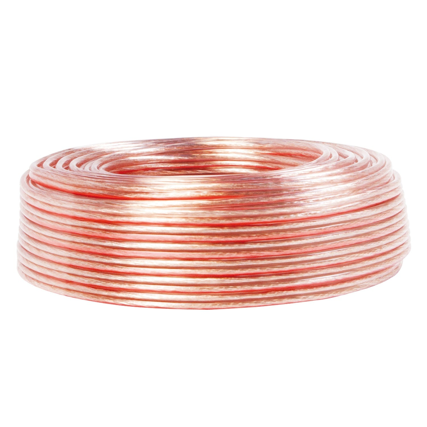 Una bobina de cable transparente con rayas rojas sobre fondo blanco.