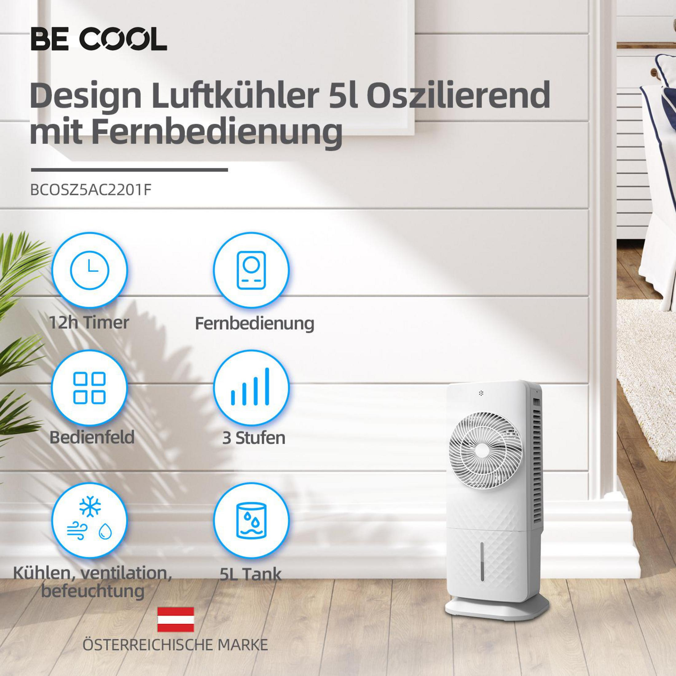 Ein weißer Luftkühler mit 5L Tank, 12h Timer und 3 Stufen. Mit Fernbedienung.