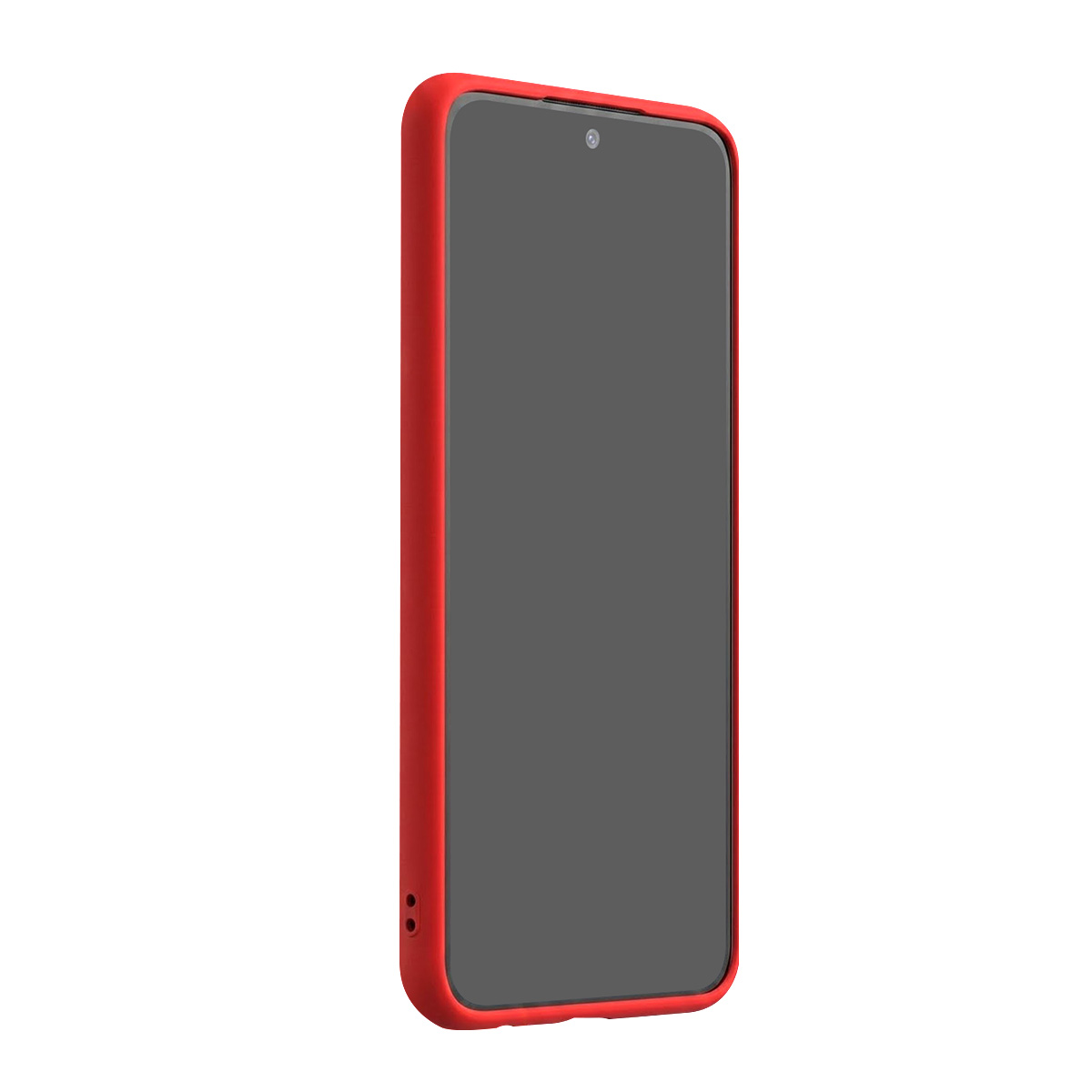 Uno smartphone rosso con schermo scuro su sfondo bianco.