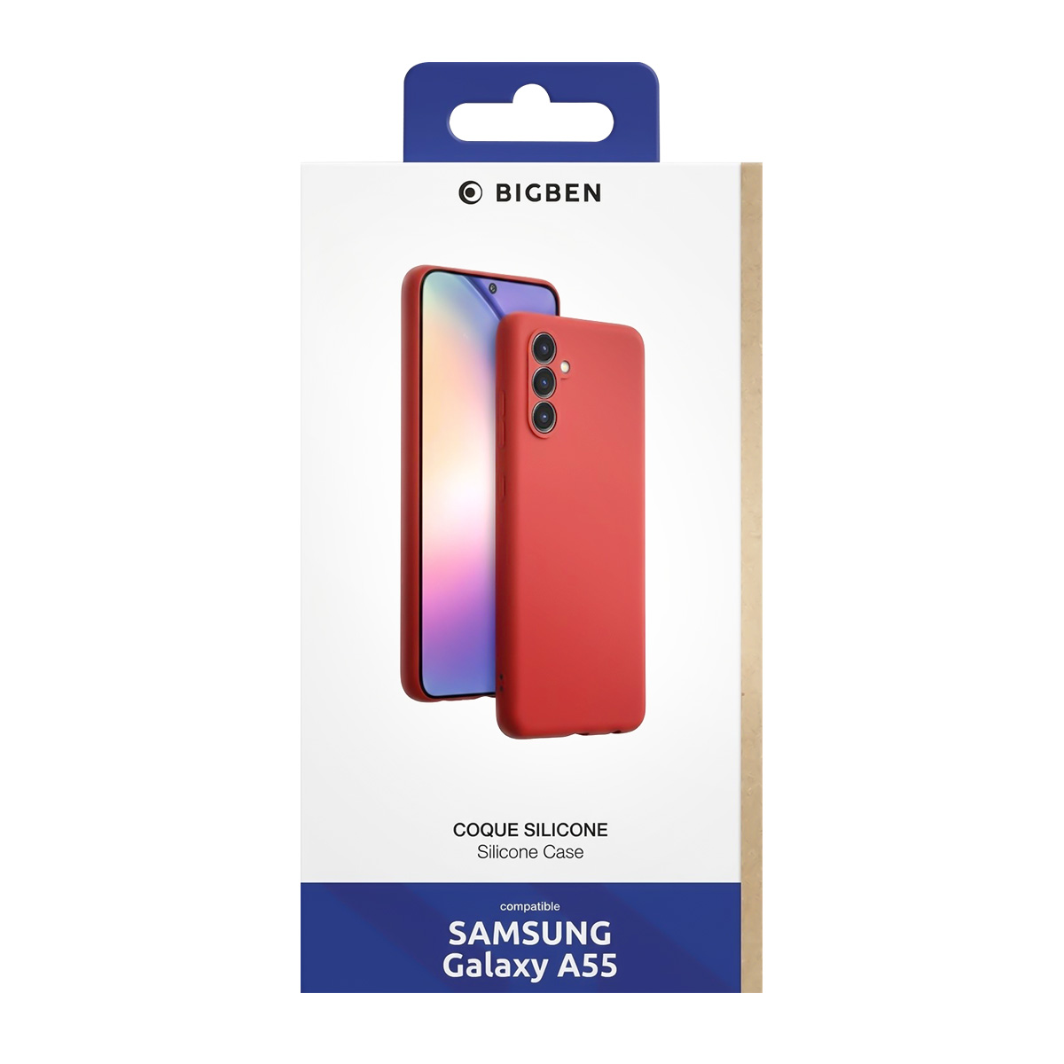 Custodia in silicone rossa per Samsung Galaxy A55 su confezione bianca.
