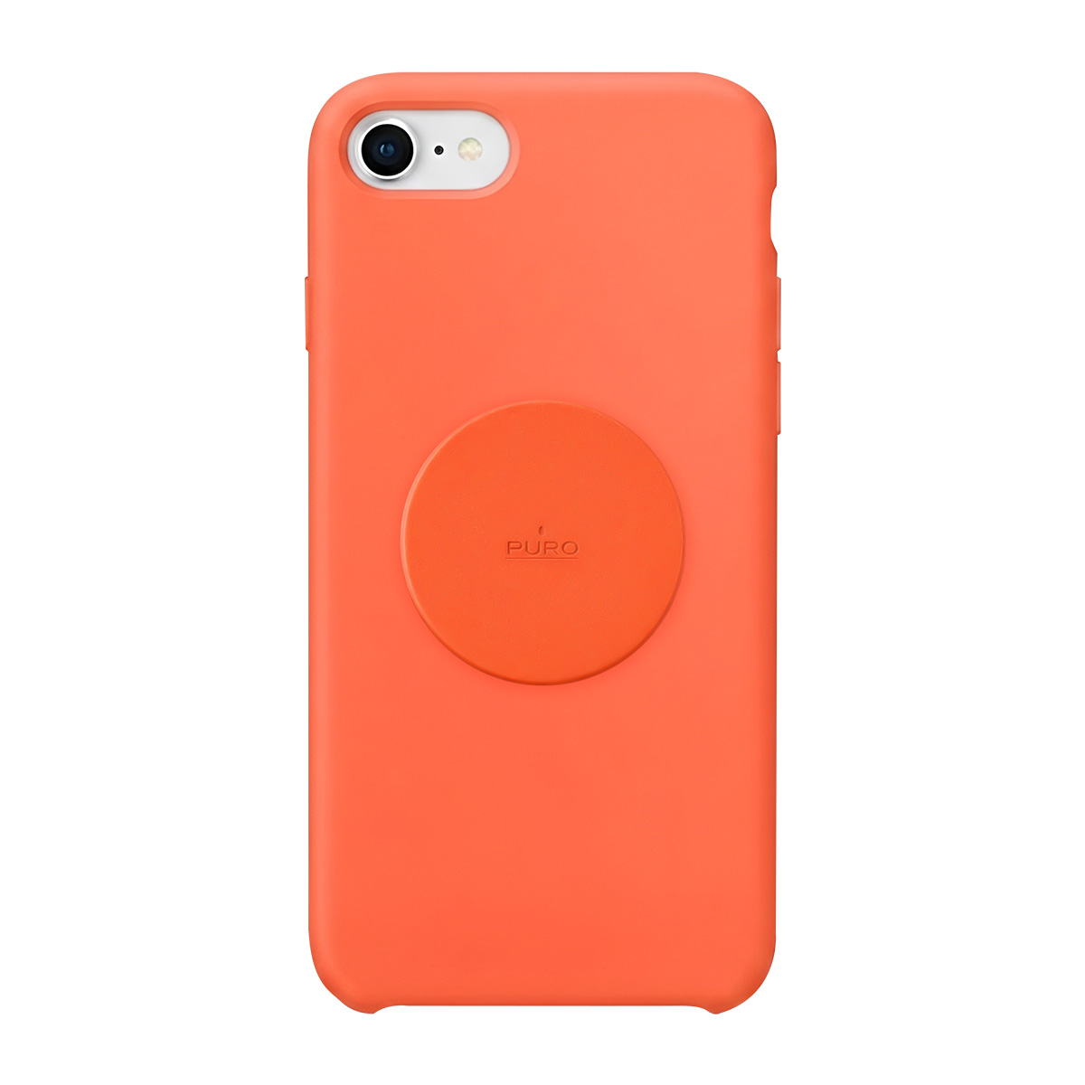 Custodia arancione con impugnatura rotonda e foro per fotocamera, sfondo bianco.