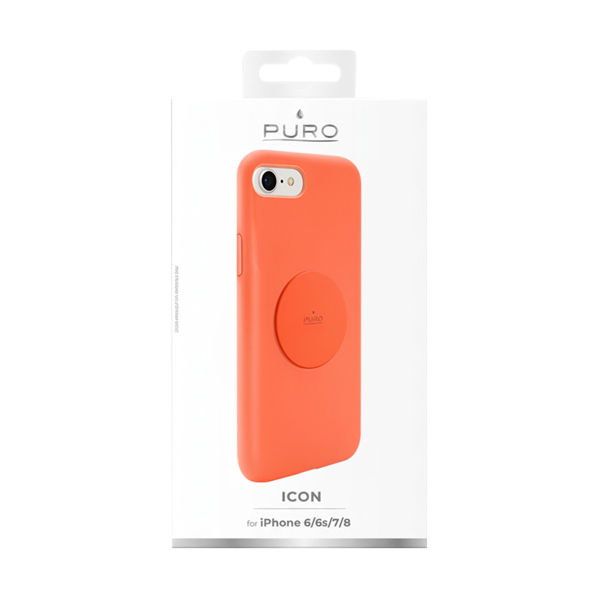 Cover arancione per iPhone con cerchio nero e logo PURO in confezione.