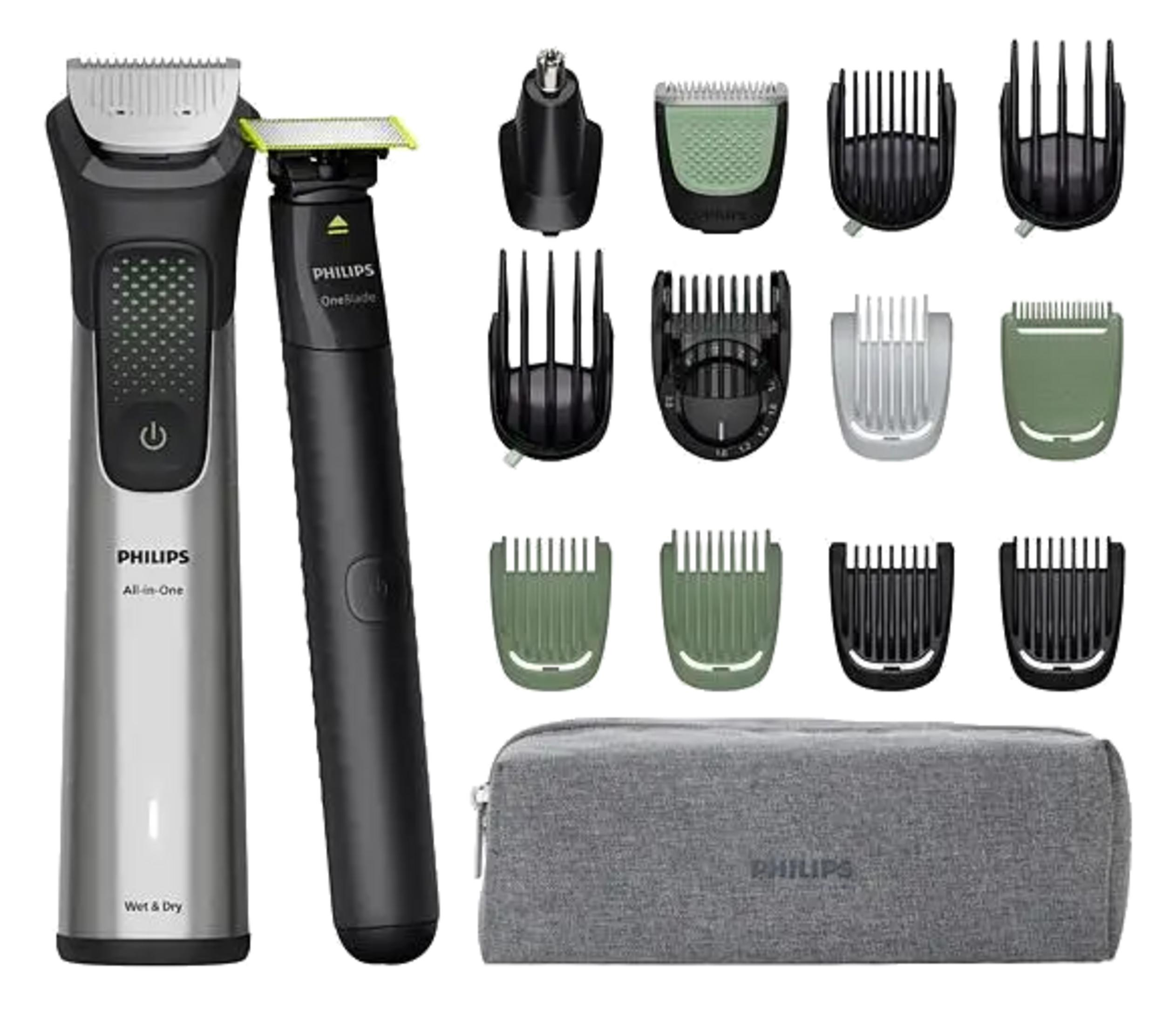 Regolabarba Philips All-in-One con accessori e custodia.