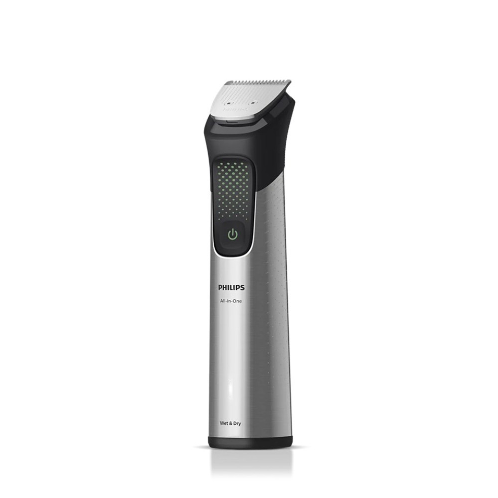 Un rifinitore Philips All-in-One argentato con impugnatura nera e pulsante di accensione.