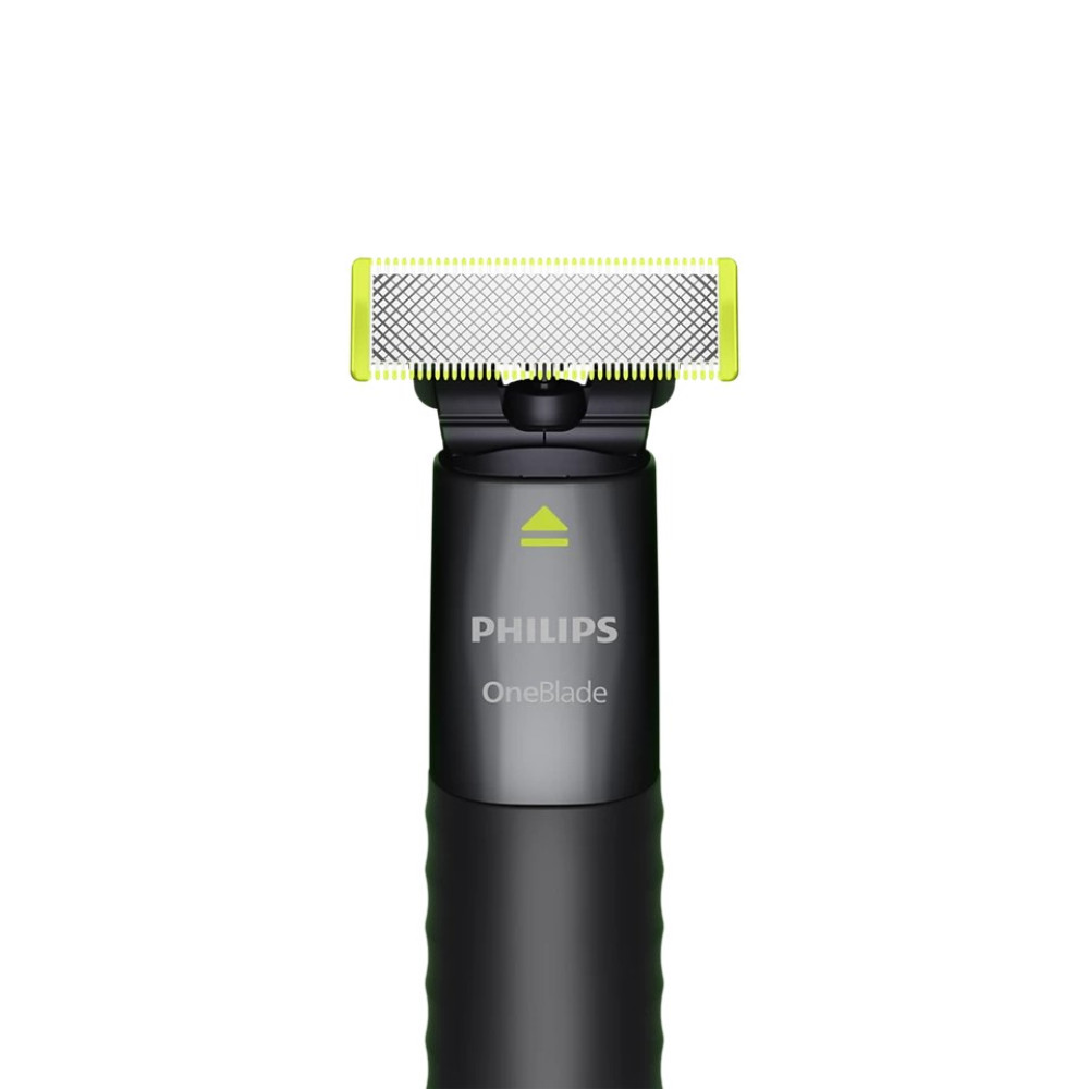 Un rifinitore Philips OneBlade con manico nero e lama argentata.