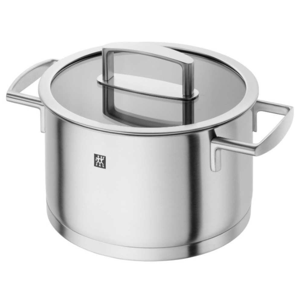 Garnek ze stali nierdzewnej z szklaną pokrywką i dwoma uchwytami.