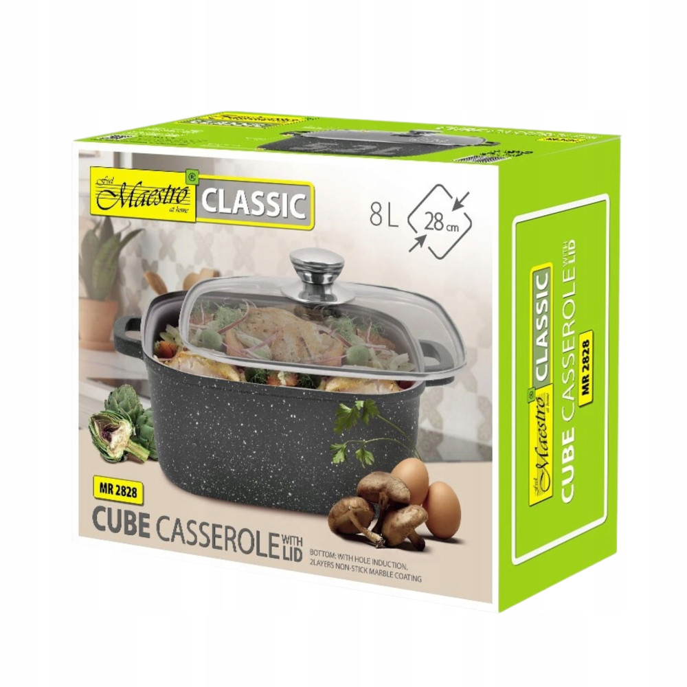 Szara, nakrapiana zapiekanka z szklaną pokrywką, wypełniona jedzeniem, obok grzyby i jajka.