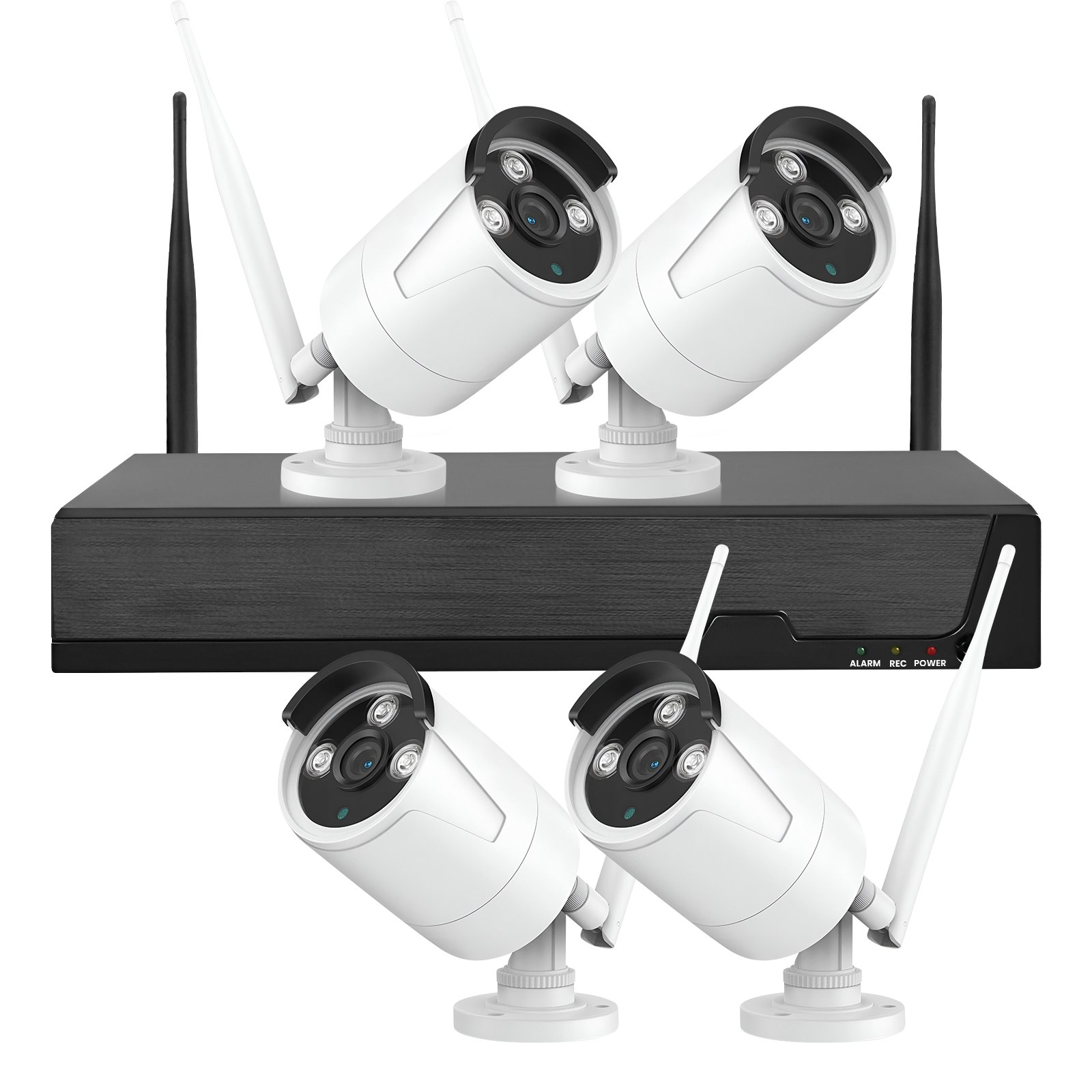Un NVR con quattro telecamere, ognuna con antenne, su sfondo bianco.