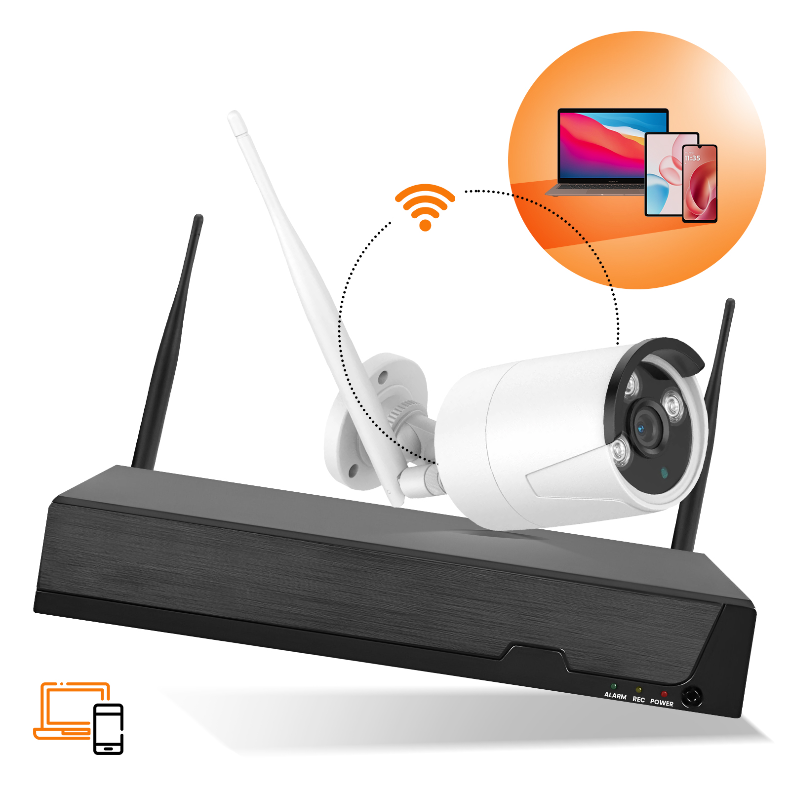 Telecamera di sicurezza si collega in modalità wireless a laptop e telefono.