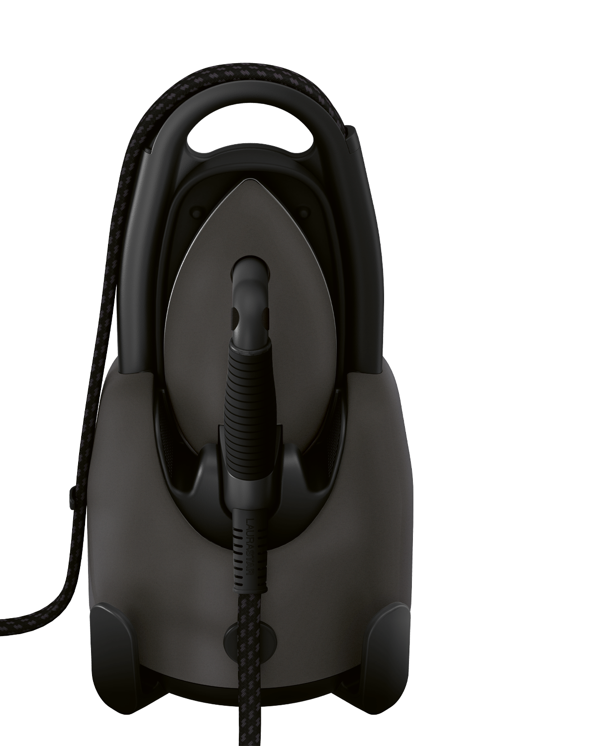A black ironing system with its iron resting on a base. The cord is wrapped around the handle.