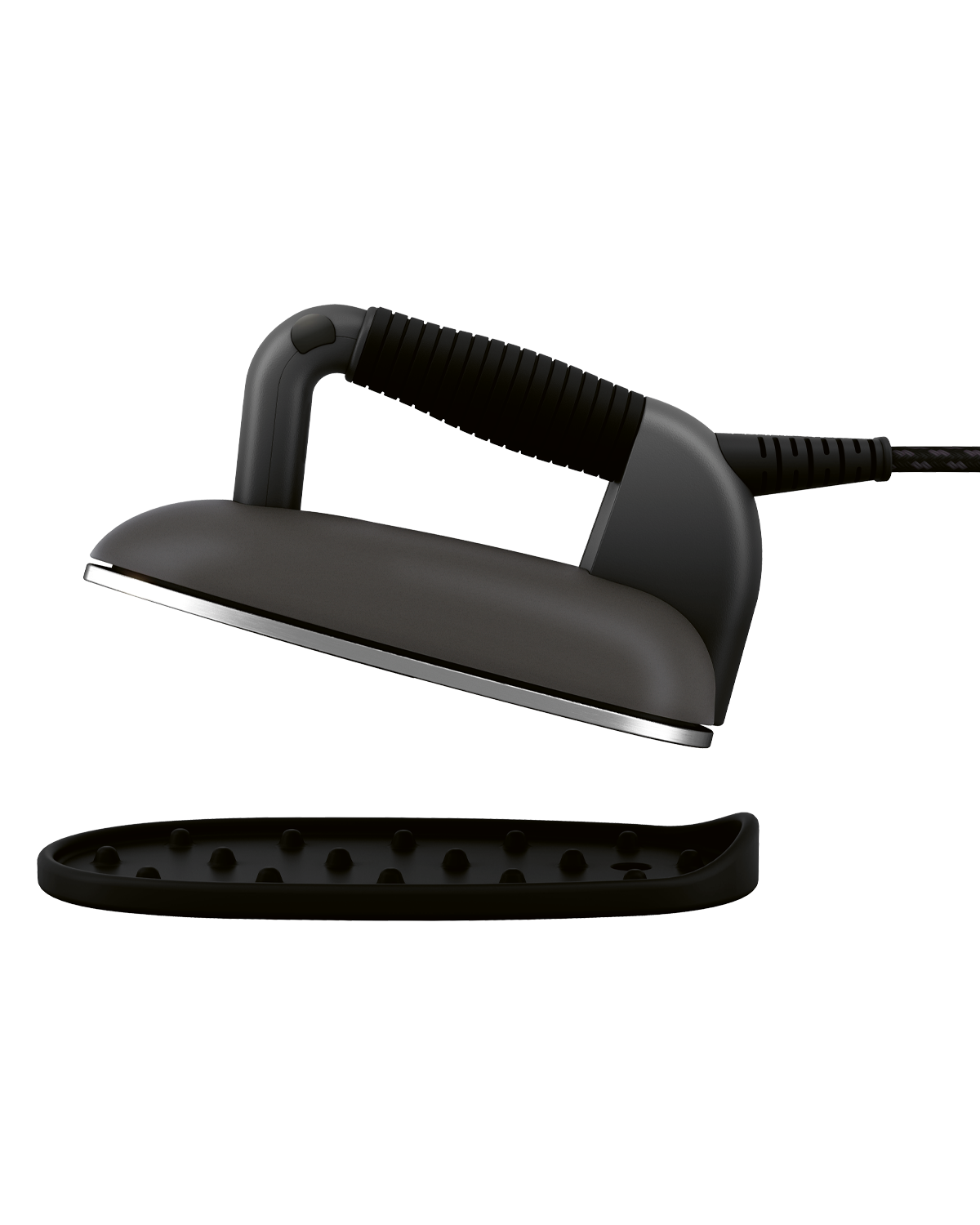 A black iron with handle and cord rests beside a black base.