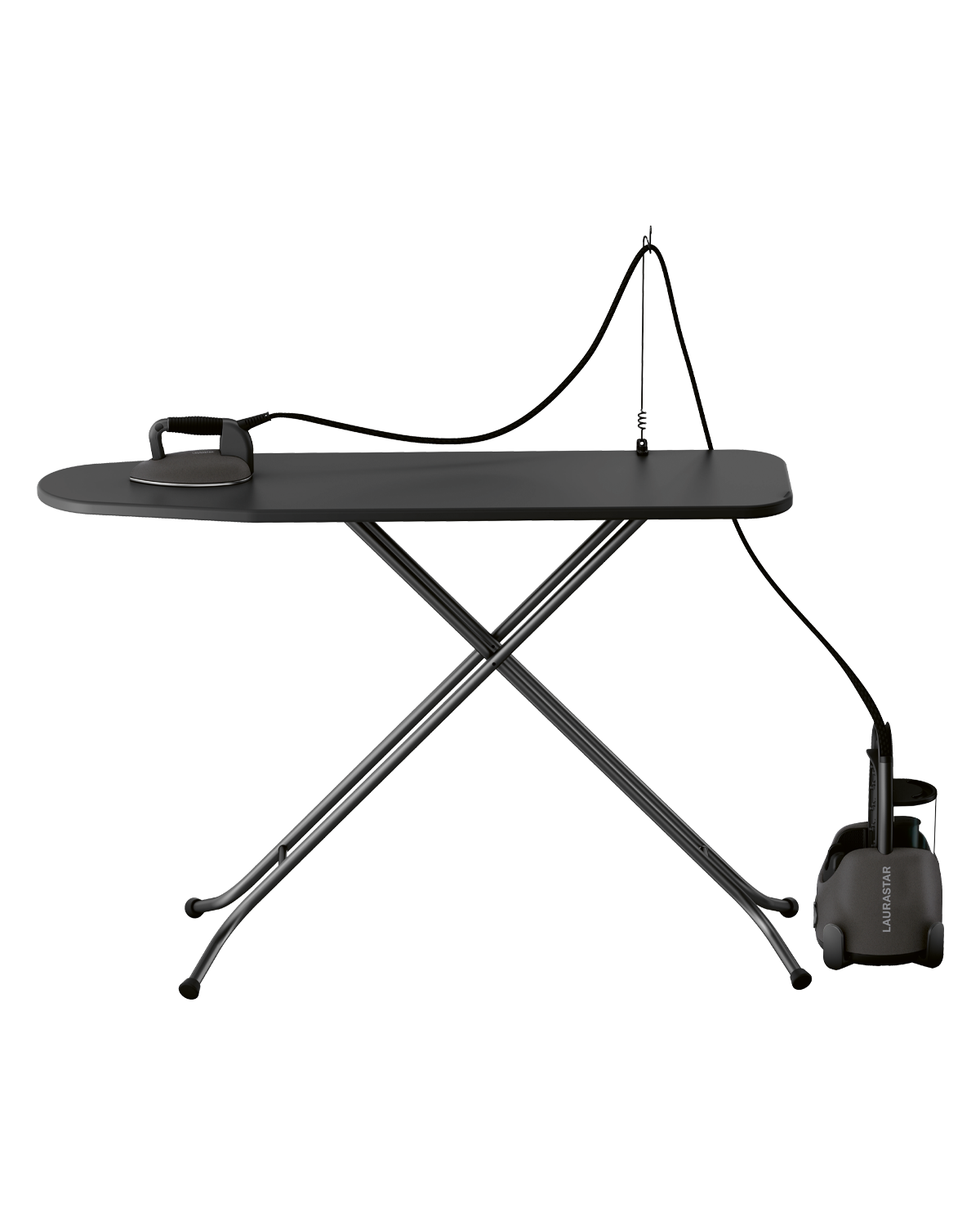 A black ironing board with an iron and steam generator.