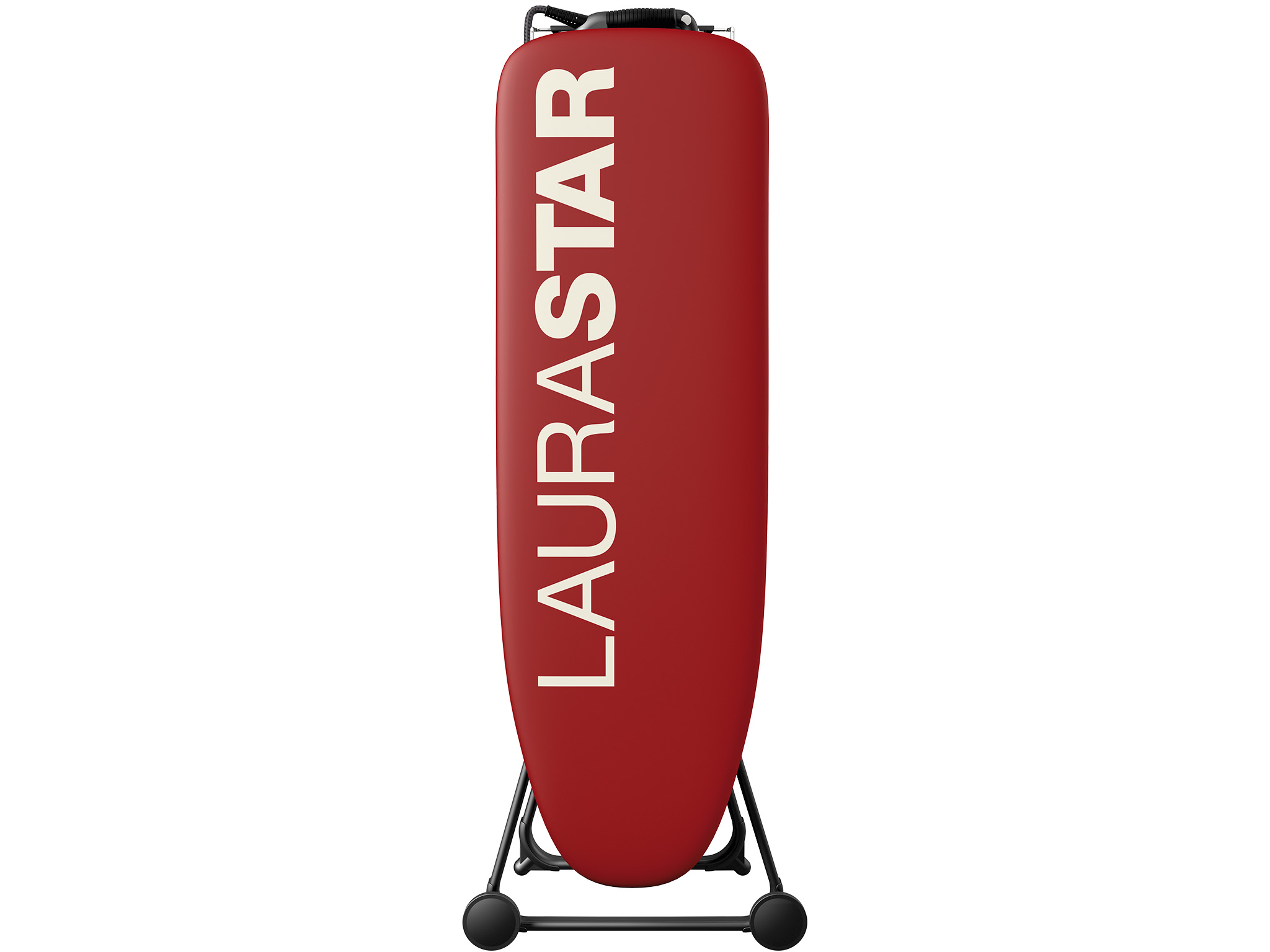 Roter Bügeltisch mit Rädern und dem Schriftzug LAURASTAR.